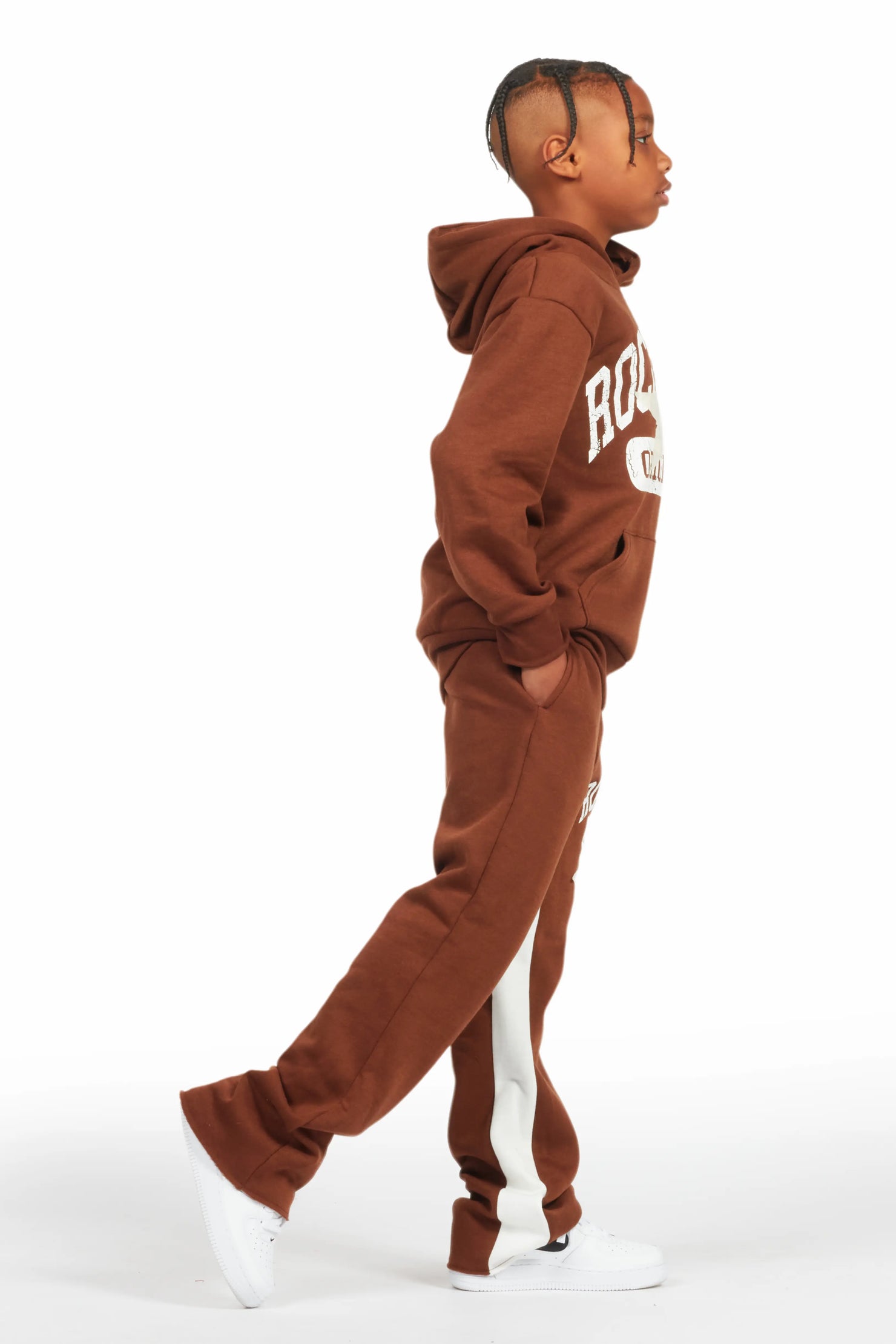 Boys Mallor Brown Baggy Stacked Hoodie Track Set