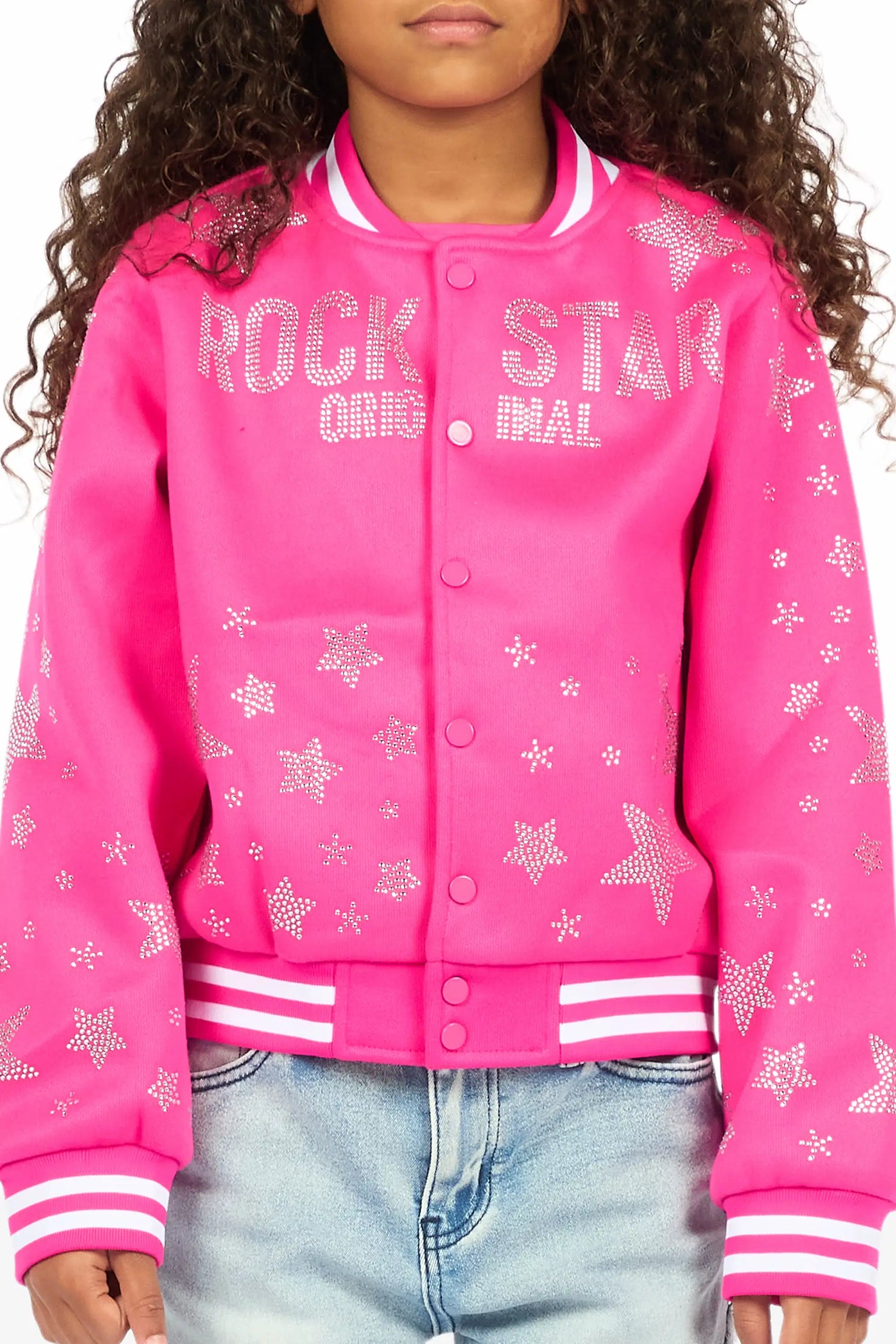 Girls Shanda Pink Crop Varsity Jacket