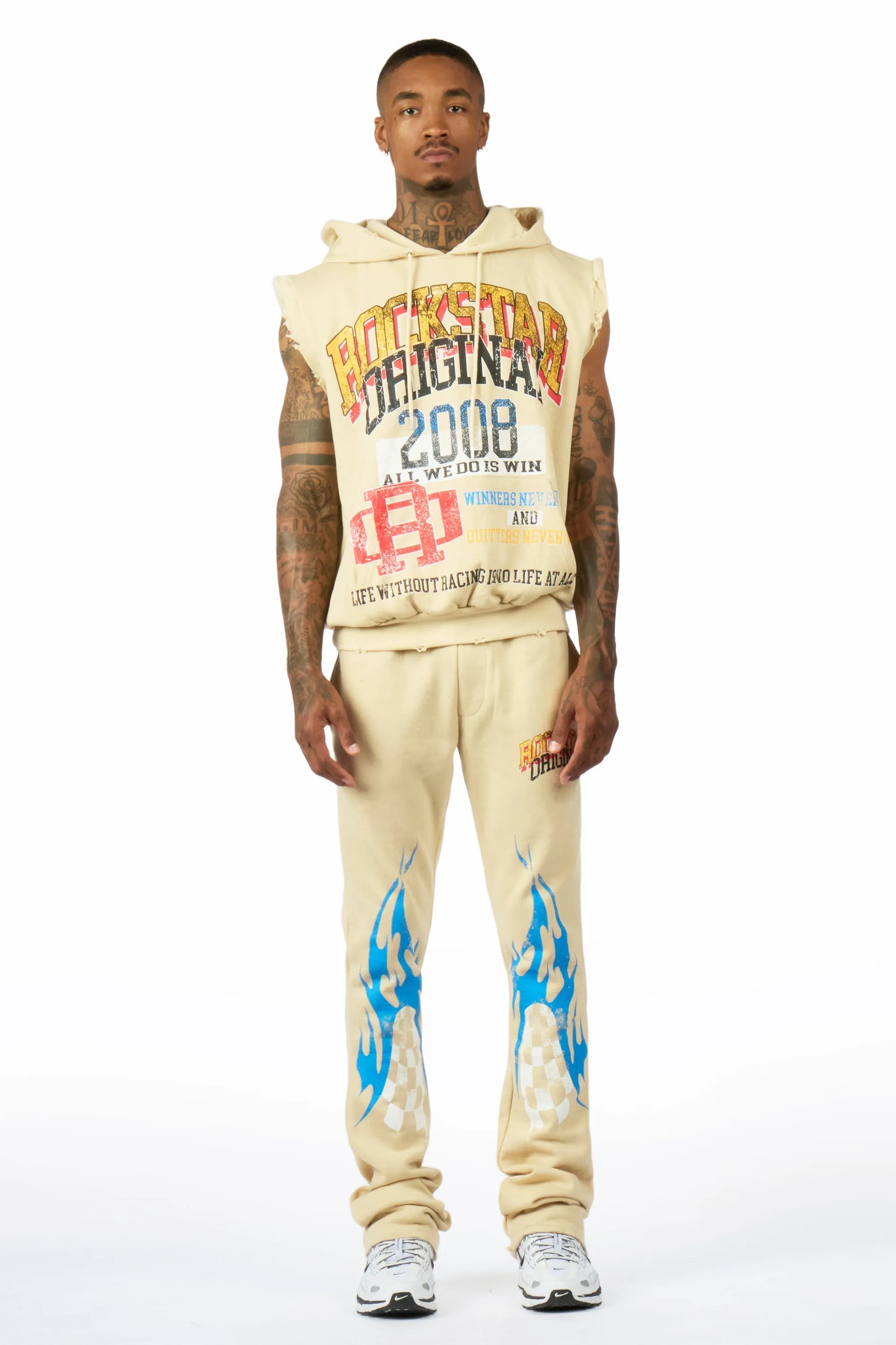 Colorful Race Beige Cut Sleeve Hoodie Stacked Track Set