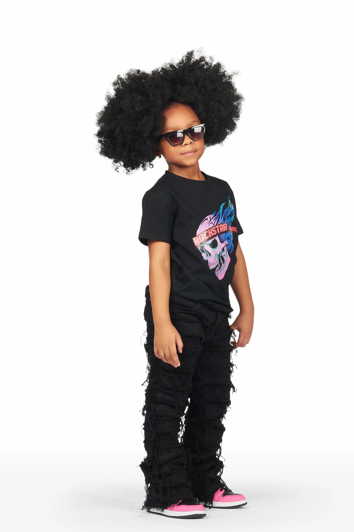 Girls Ava Black T-Shirt/Stacked Flare Jean Set
