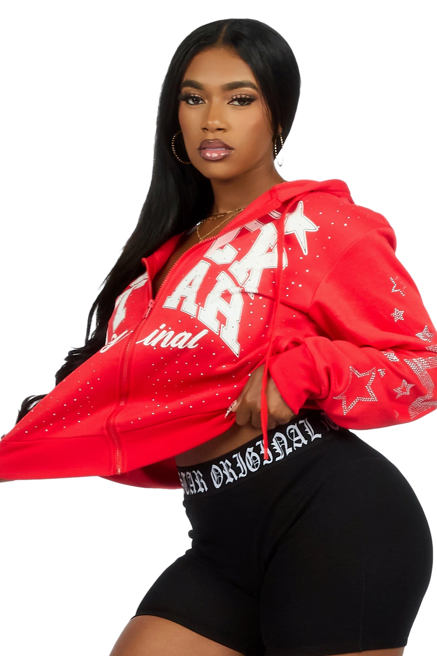Flaveya Red Rhinestone Zip Up Hoodie