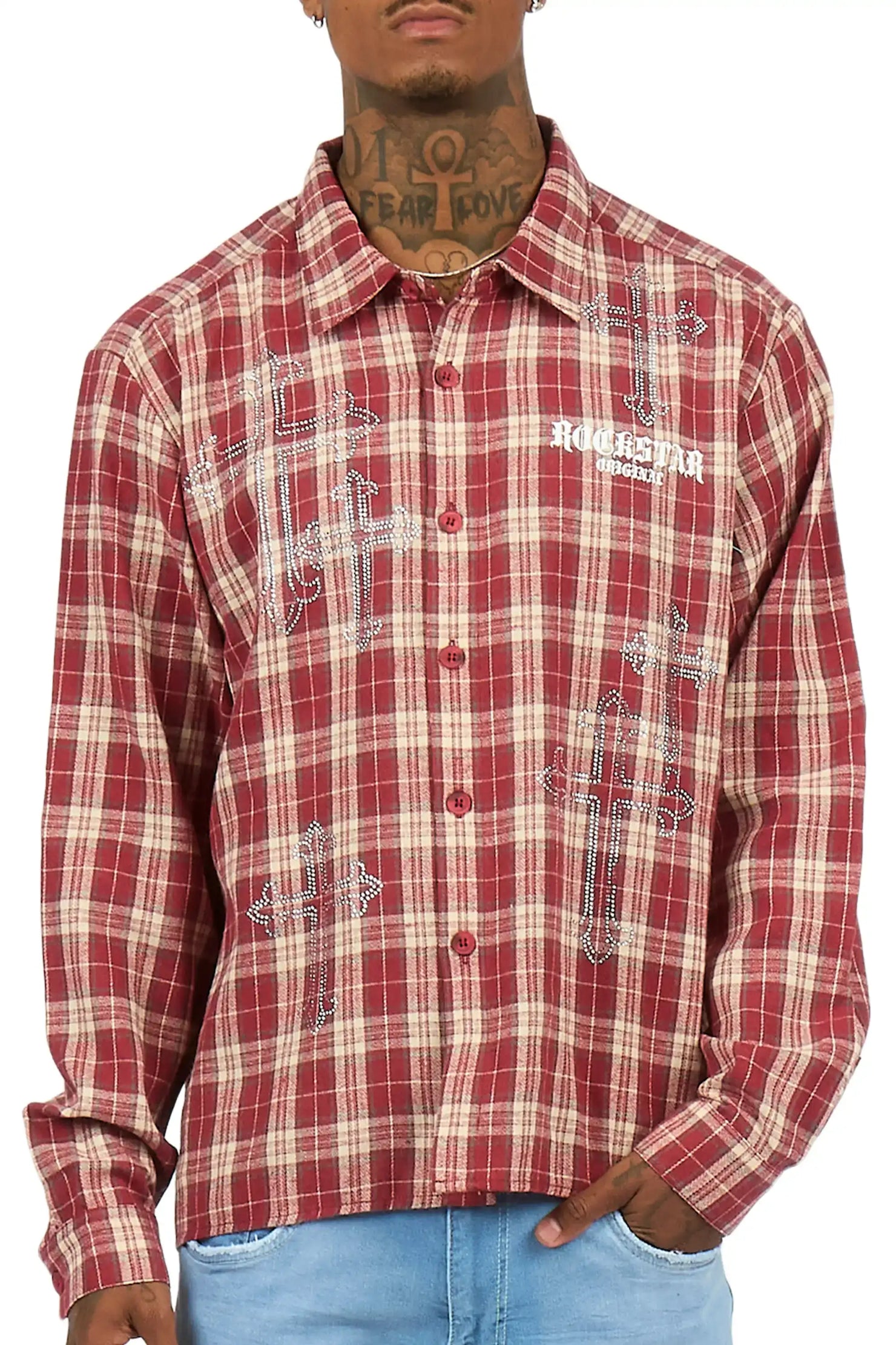 Poldi Red Rhinestone Flannel Long Sleeve Shirt