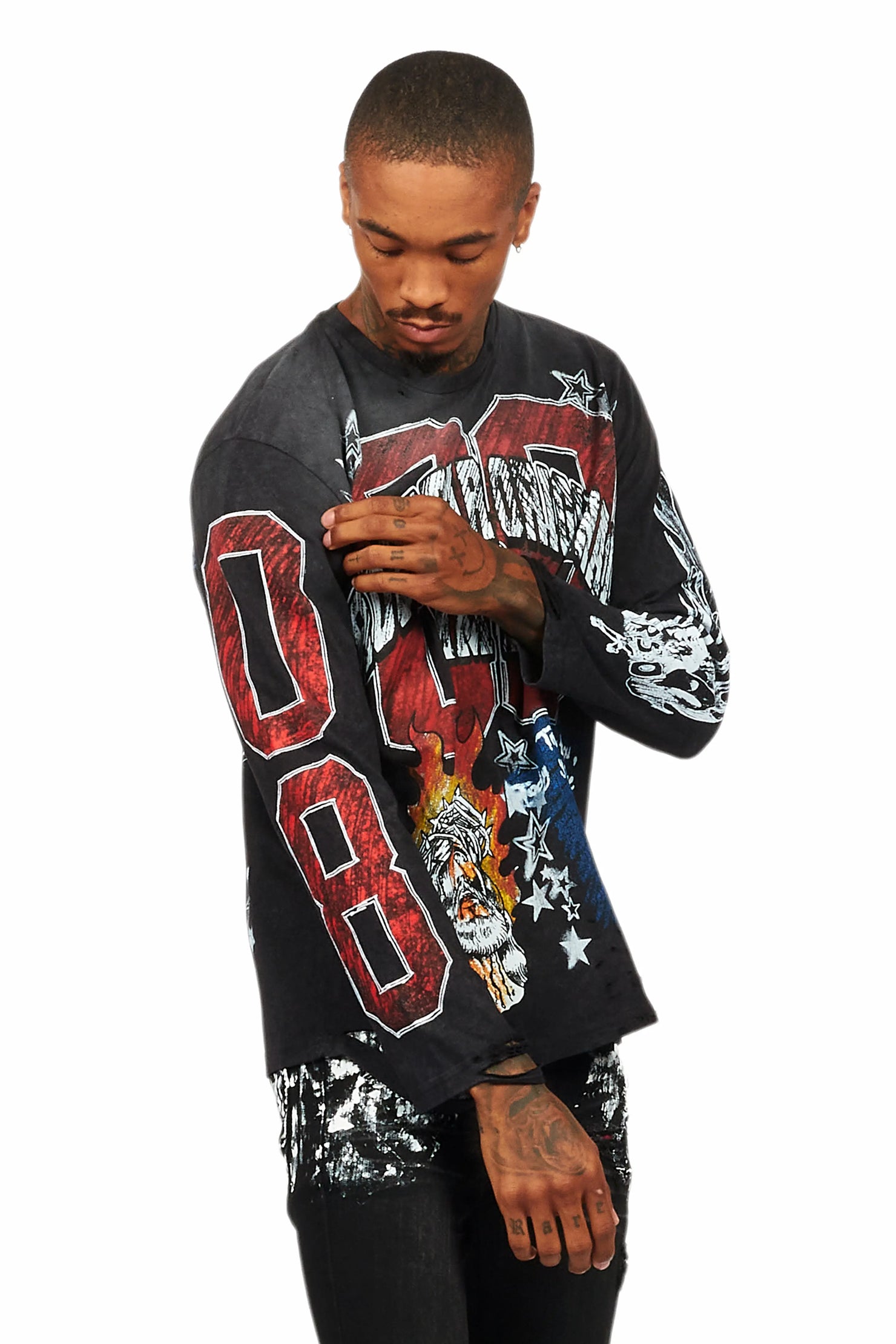 Jesus Crayon Vintage Black Long Sleeve Graphic T-Shirt