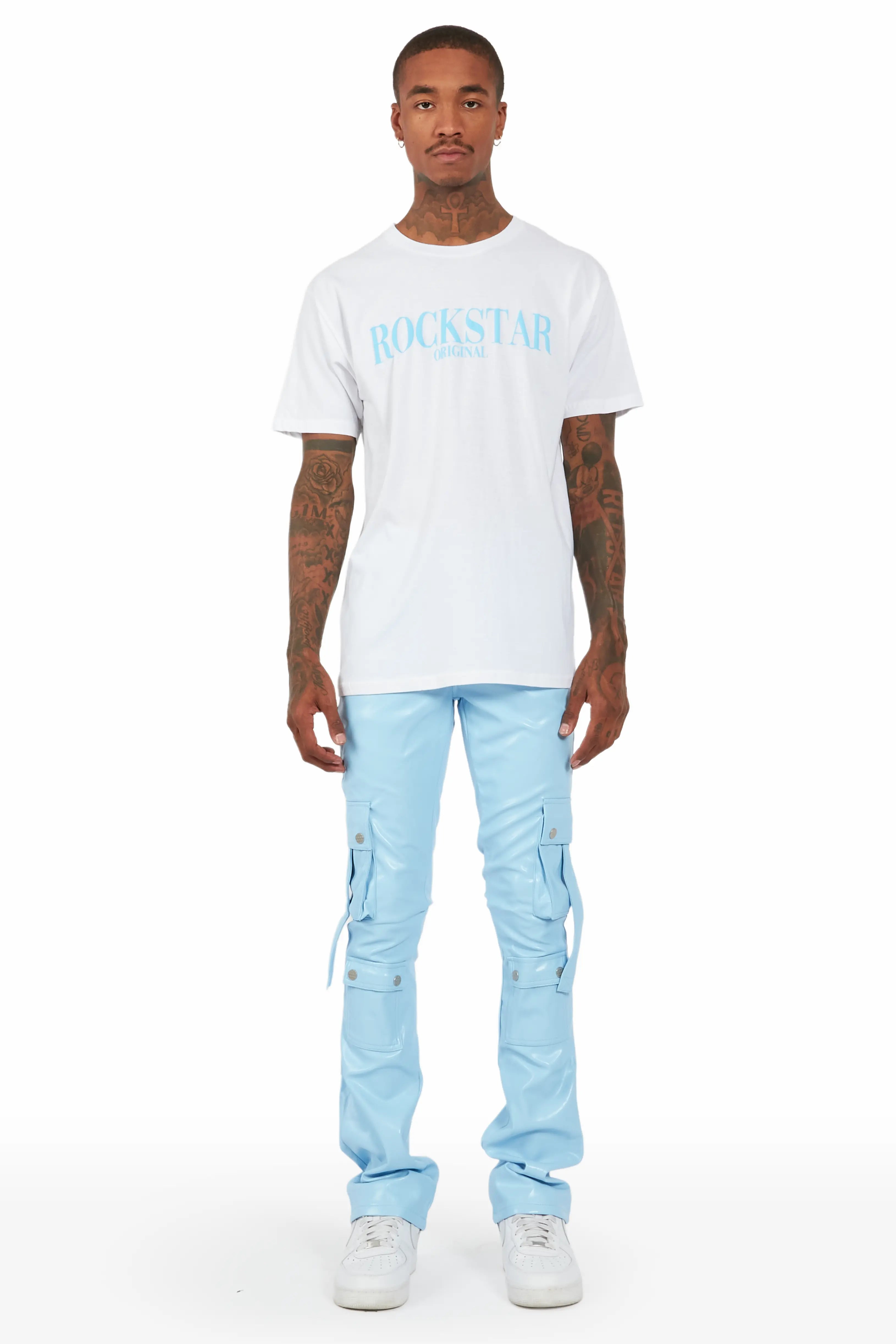 Errol Baby Blue Faux Leather Stacked Cargo Jean