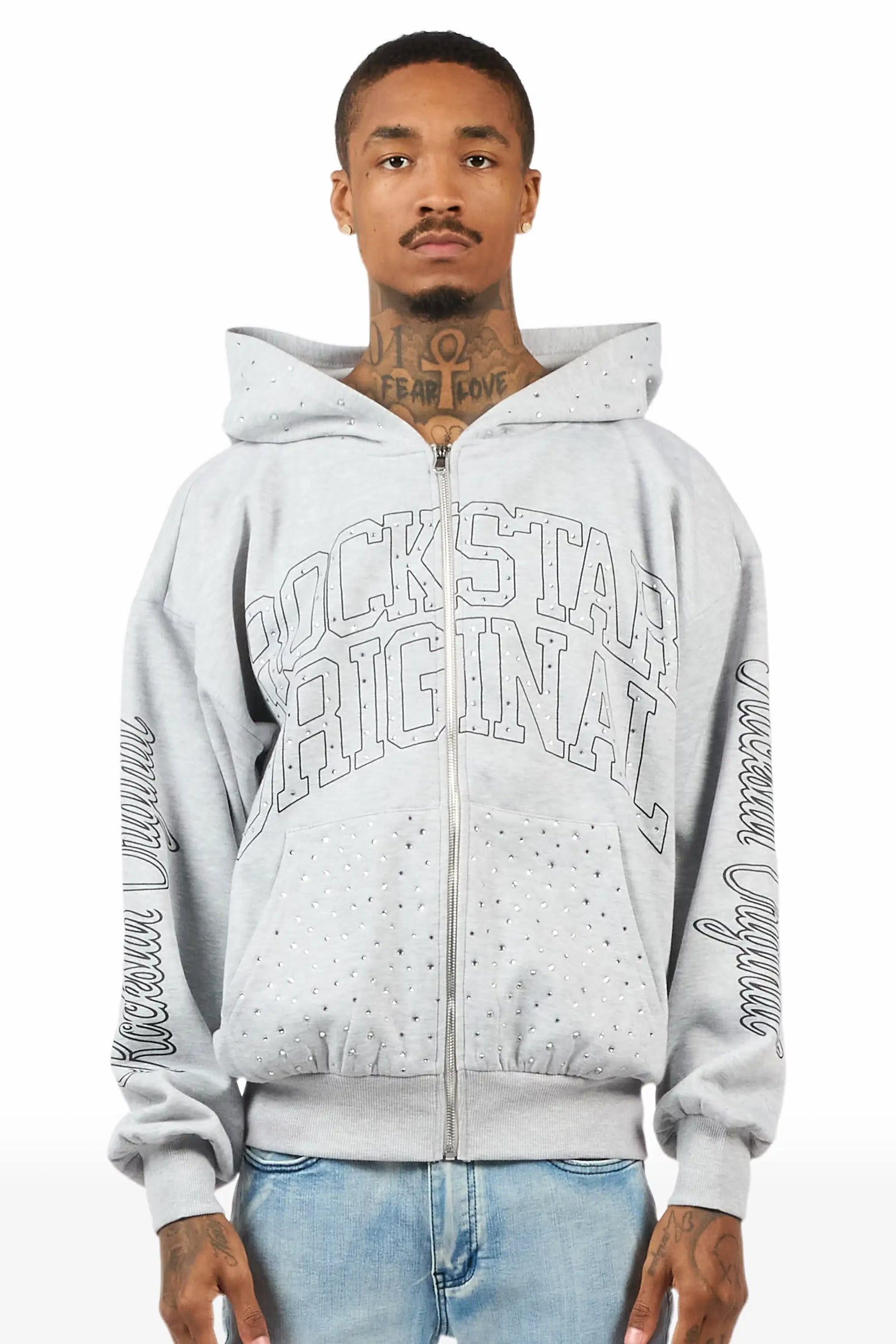 Dripped Heather Grey Rhinestone Hoodie