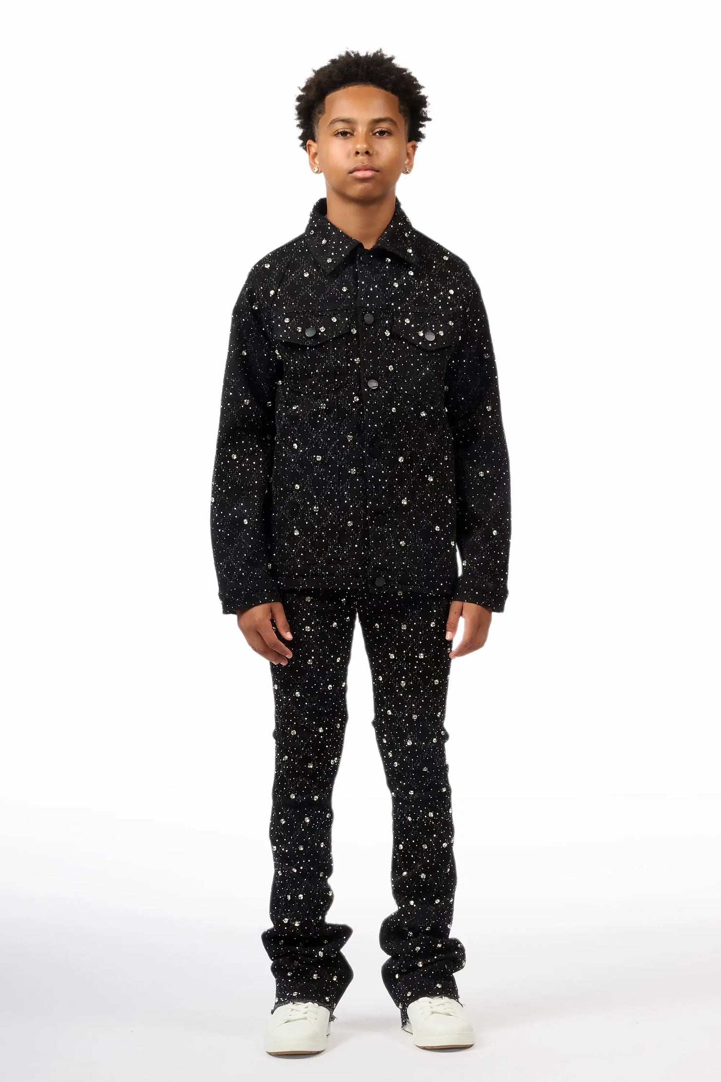 Boys Sareka Black Rhinestone Denim Jacket & Sareka Stacked Jean Set