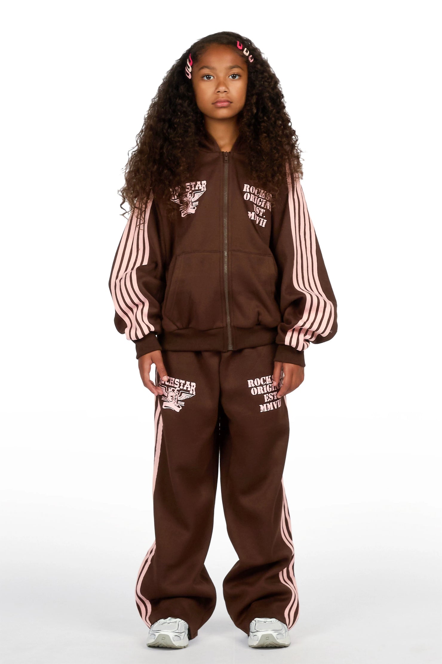 Girls Maniera Brown/Pink Zip Up Hoodie Relaxed Pant Track Set
