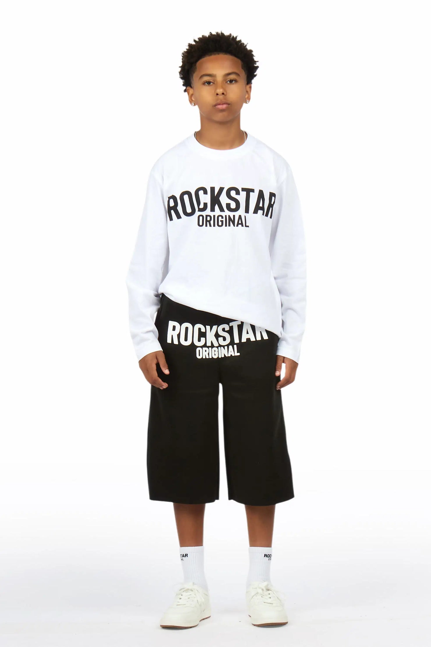 Boys Mikasso White/Black L/S T-Shirt Jort Set