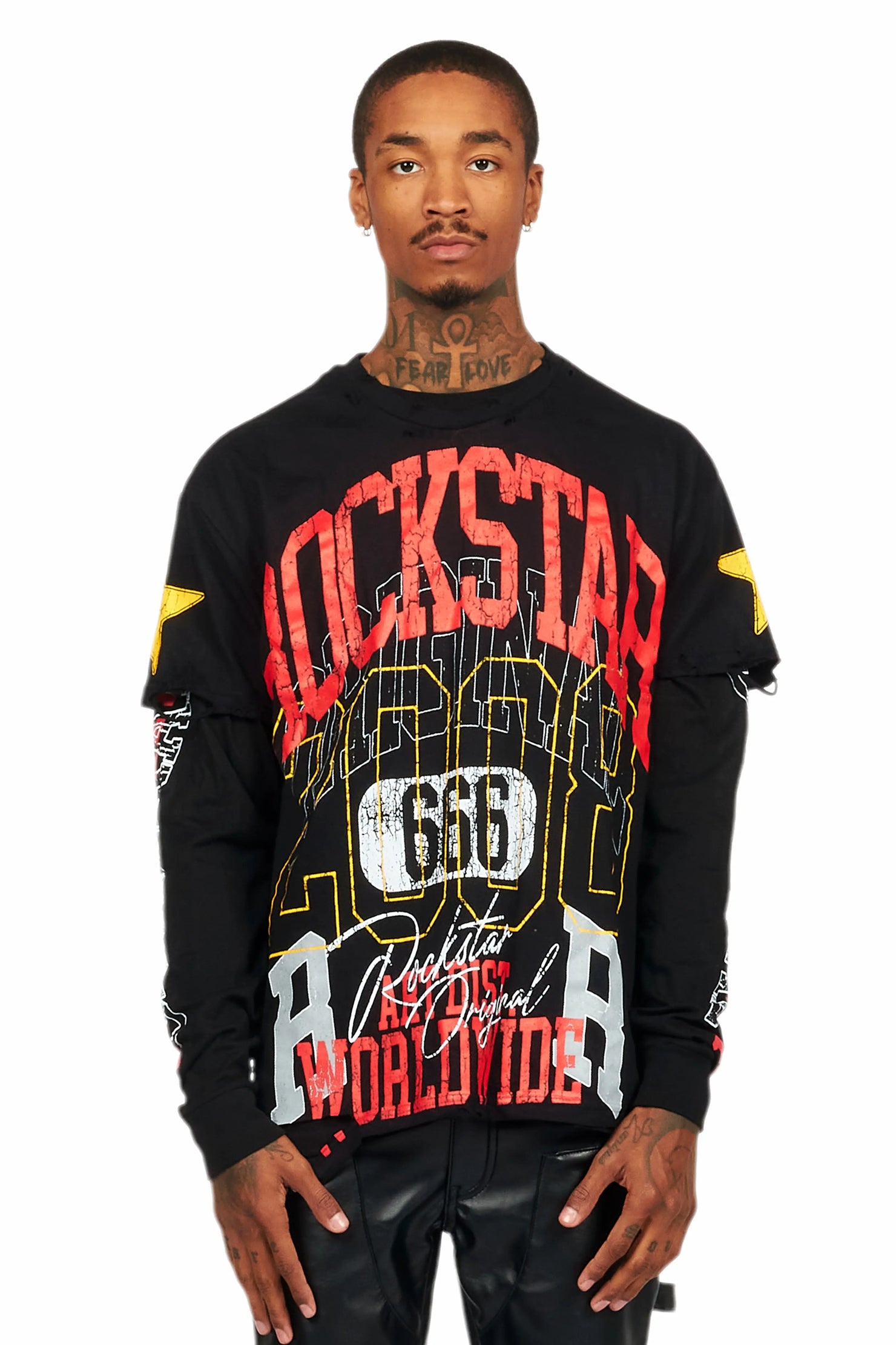 Santie Black Double Layer Long Sleeve Graphic T-Shirt