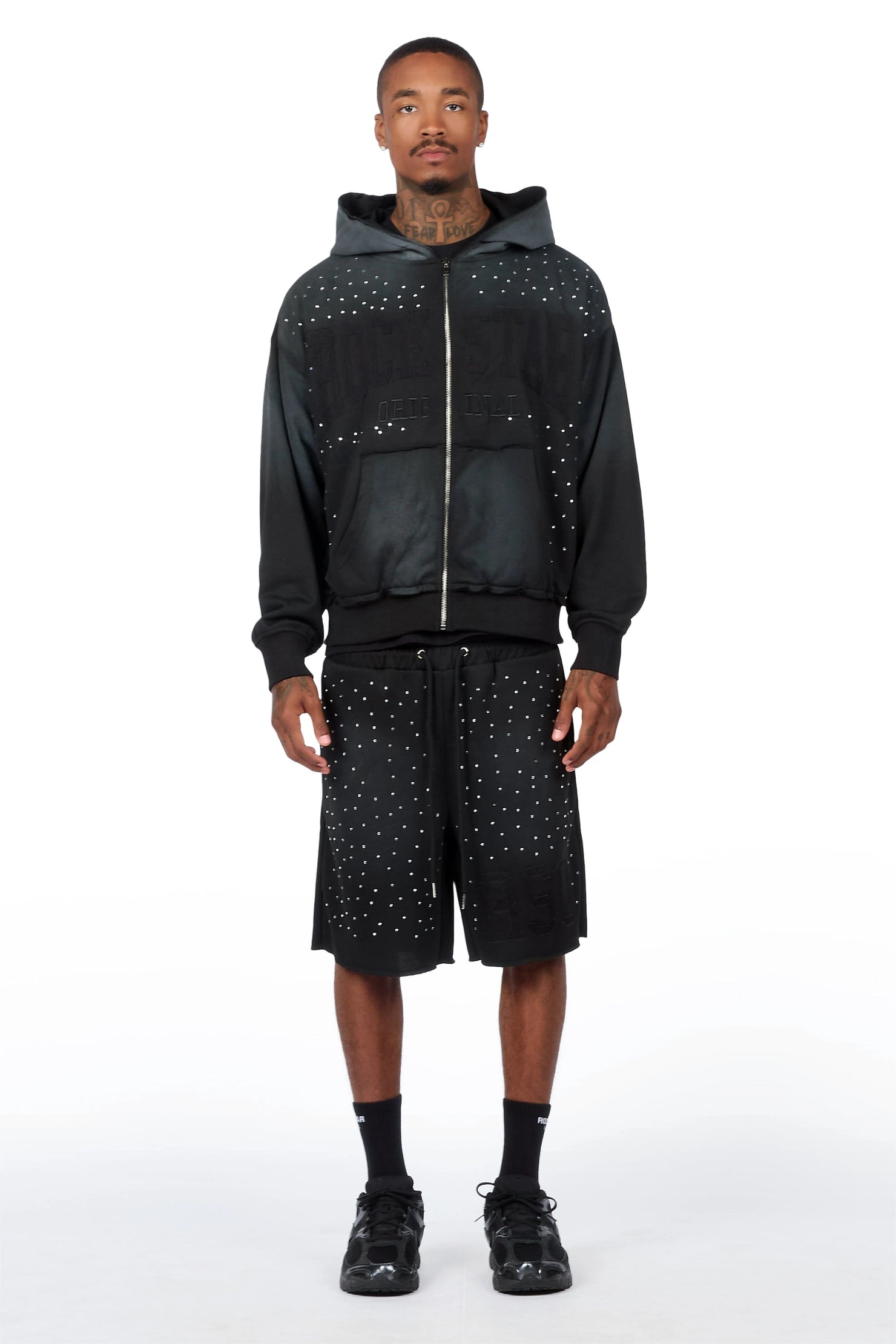 Akila Black Rhinestone Hoodie Double Waisted Short Set