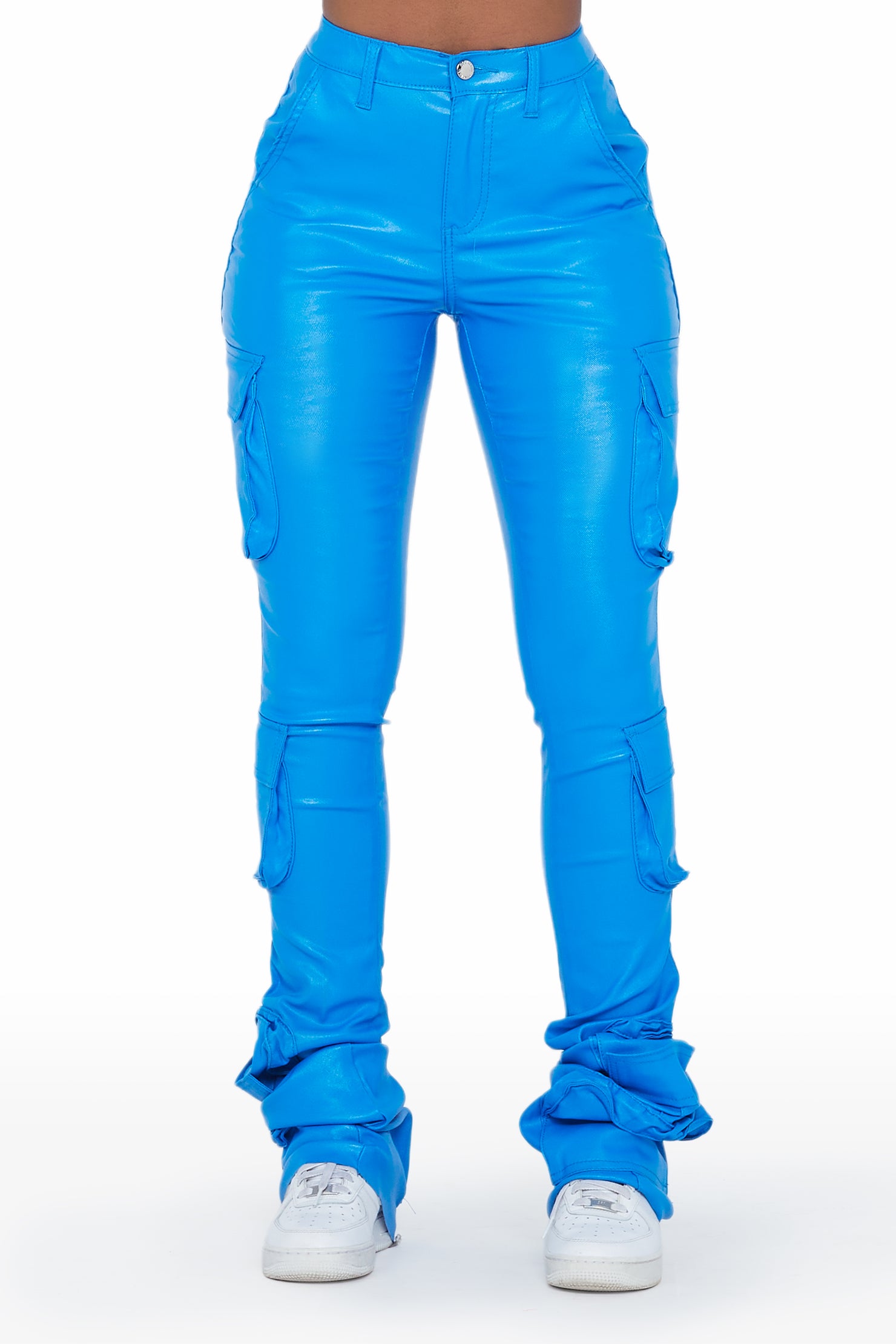Miracle Metallic Blue PU Cargo Super Stacked Pant