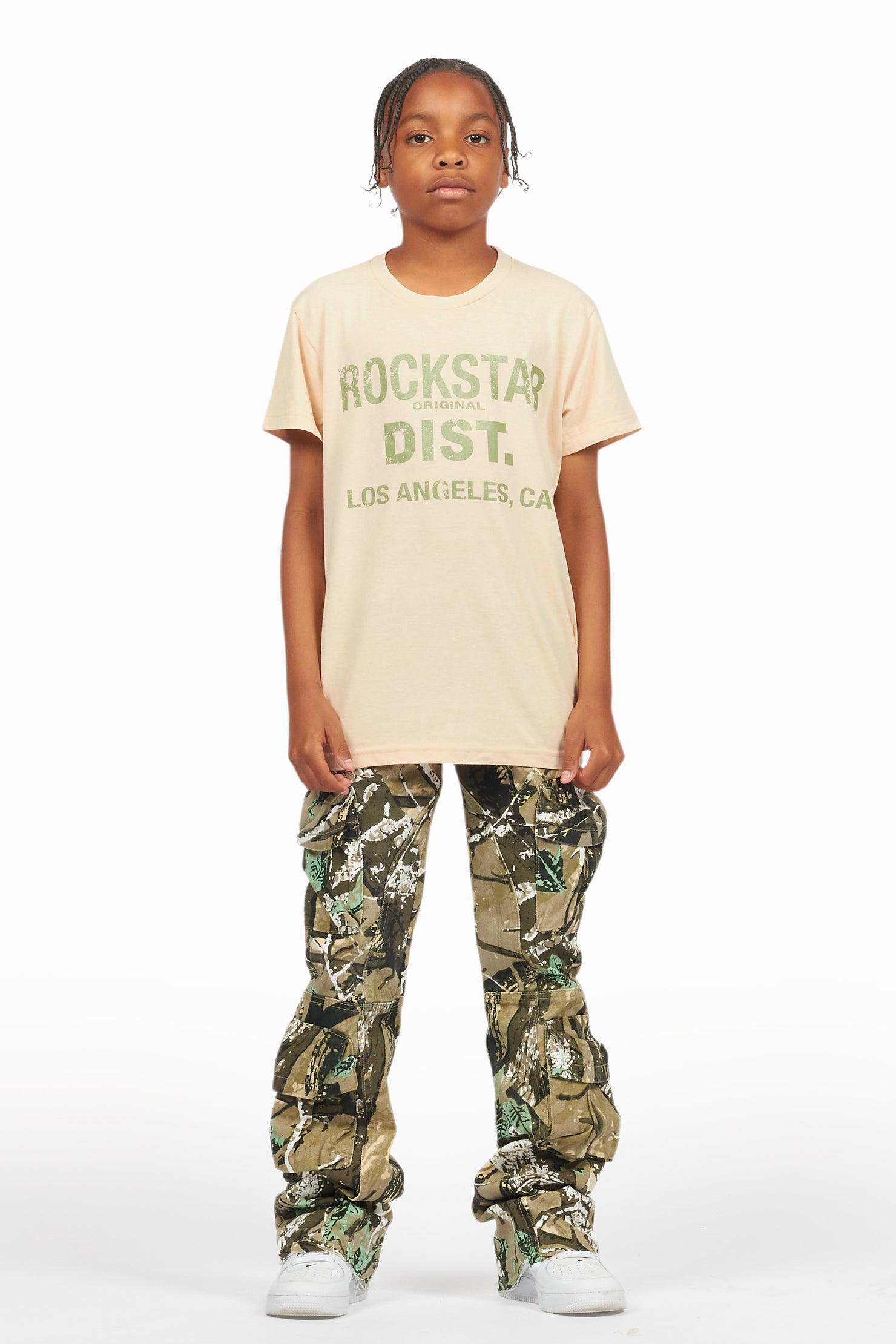 Boys Koen Vintage Sand/Green T-Shirt/Stacked Flare Jean Set
