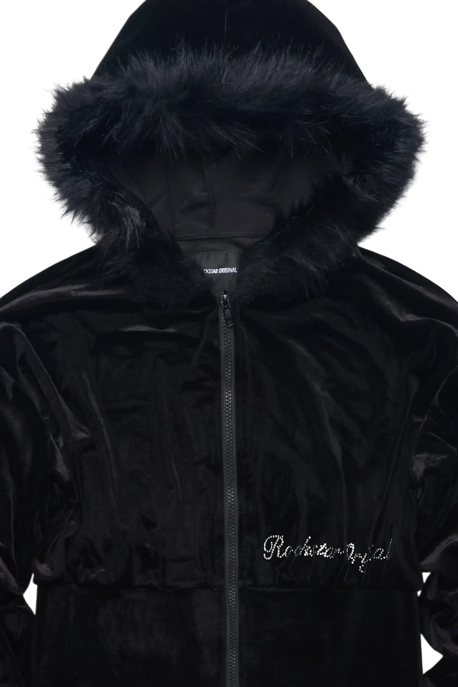Shanika Black Velour Crop Hoodie With Fur Hood