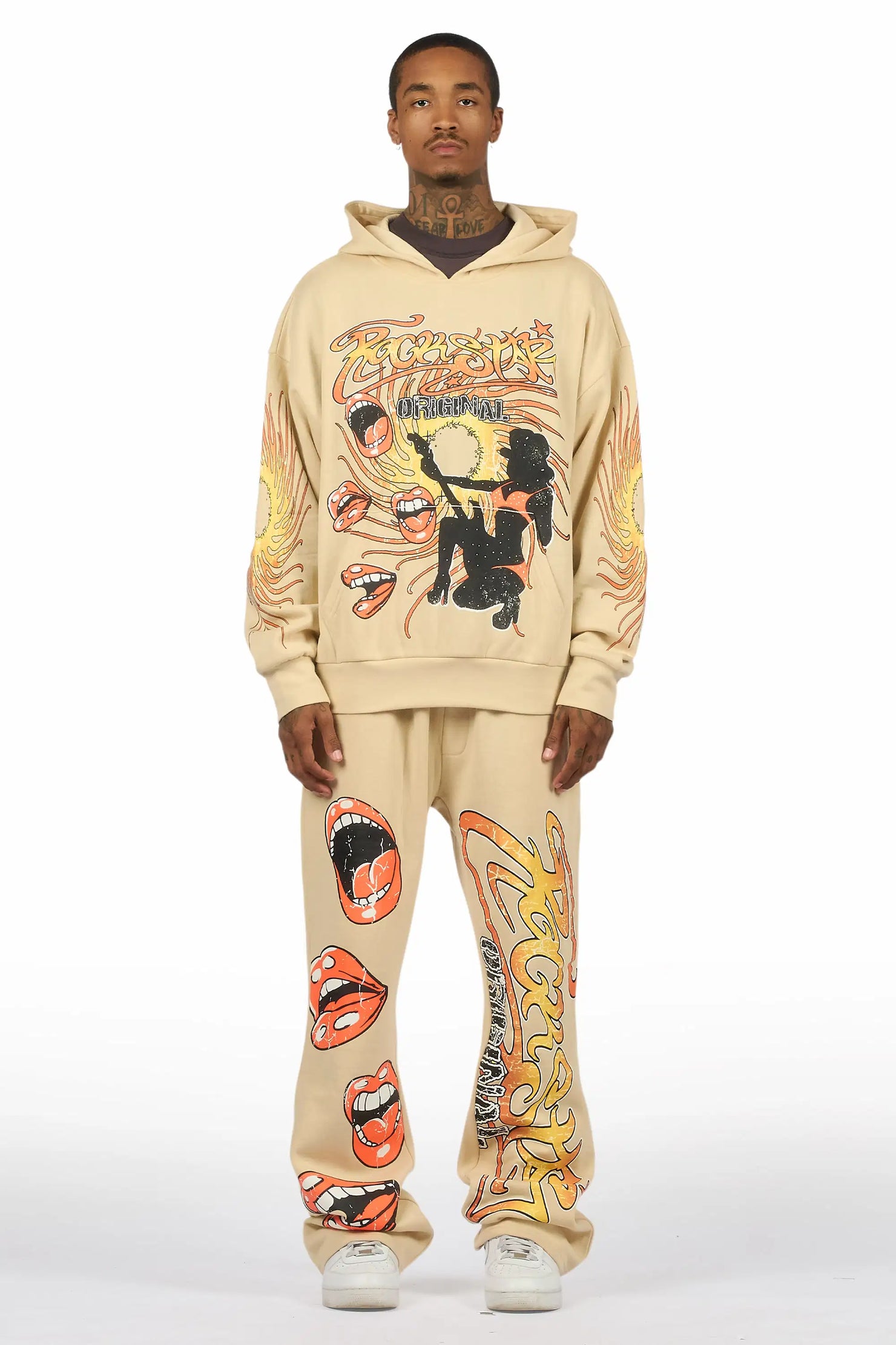 Rock n Roll  Beige Hoodie/Baggy Pant Track Set