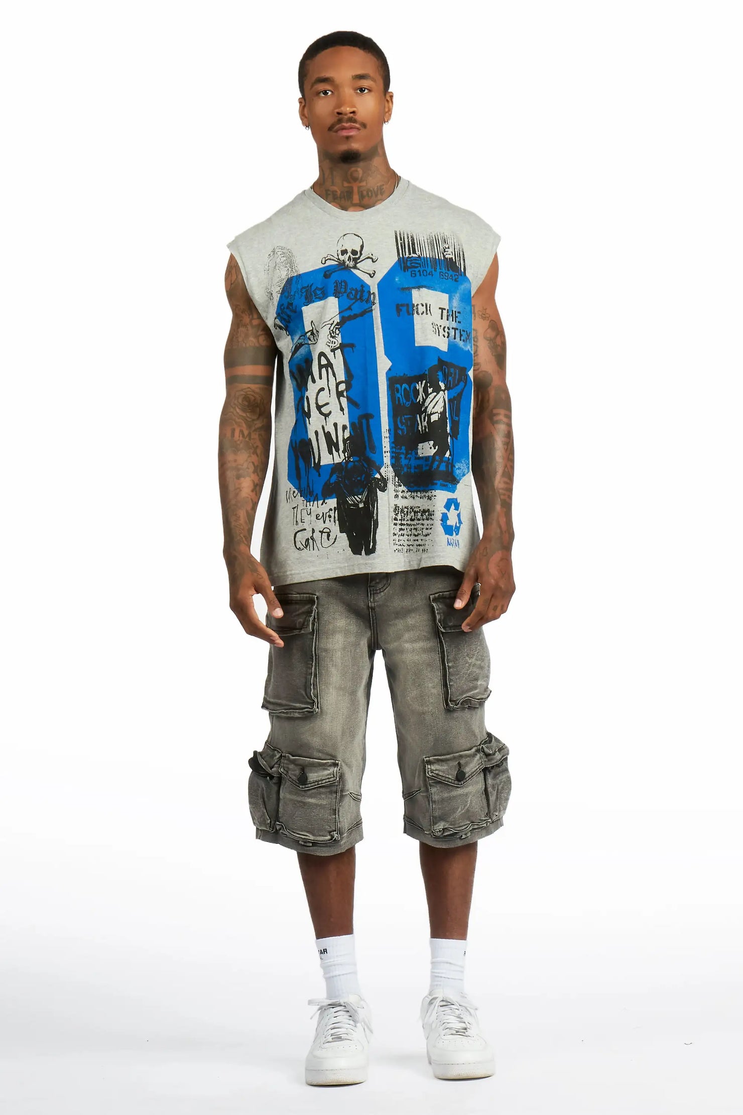 Grill 3.0 Heather Grey/Grey Oversized Graphic T-Shirt & Mahesh Baggy Cargo Jean Short
