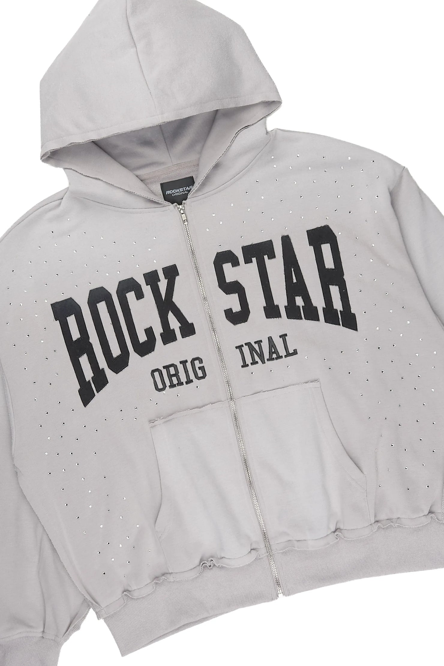 Akila Grey Rhinestone Hoodie Double Waisted Short Set