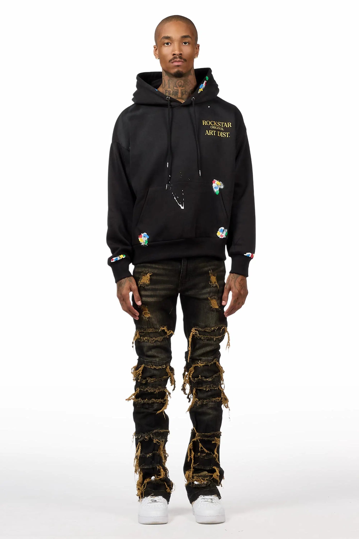 Palmer Black Relaxed Hoodie & Vasco Tint Grey Stacked Flare Jean Set