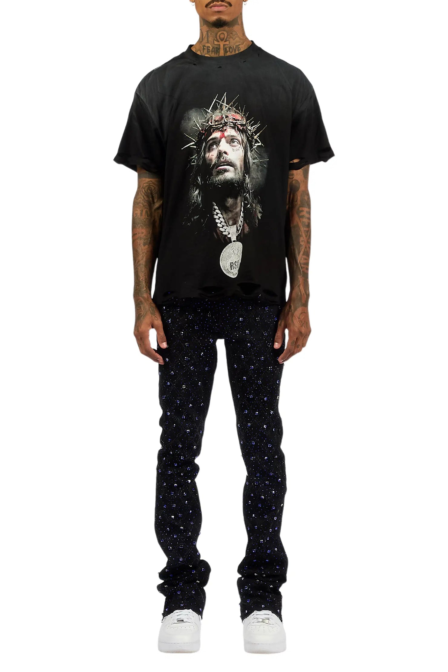 Glit Black/Royal Rhinestone Stacked Flare Jean