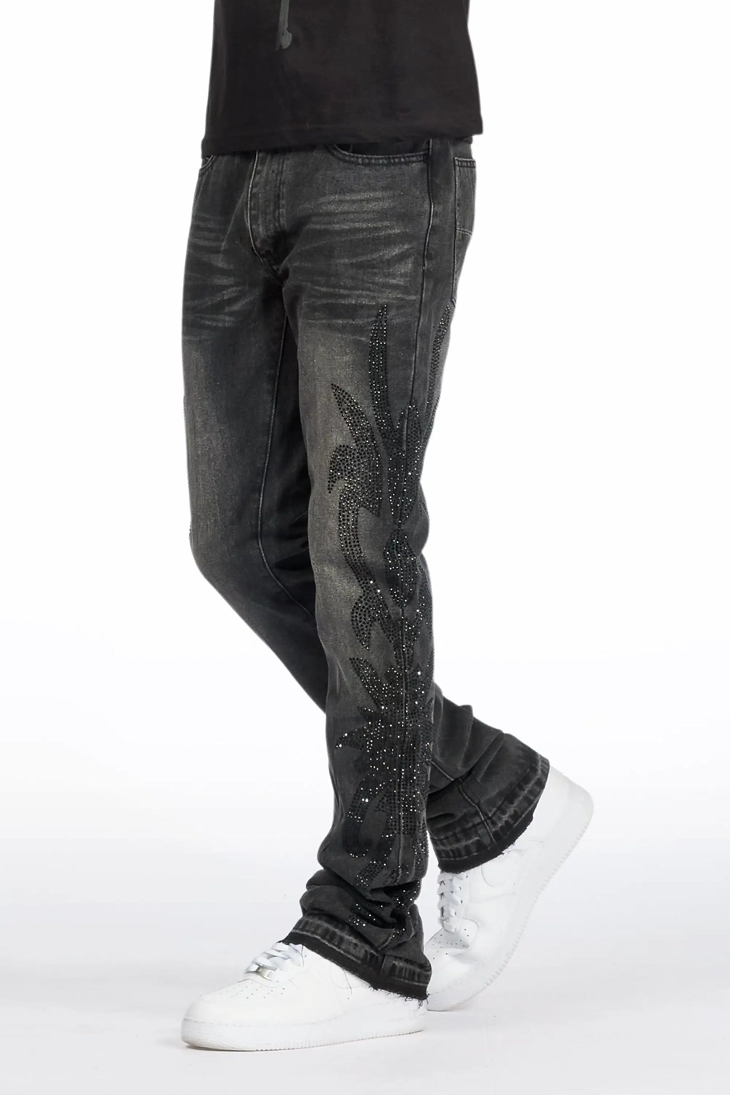 Shamaz Rhinestone Dark Grey Stacked Flare Jean