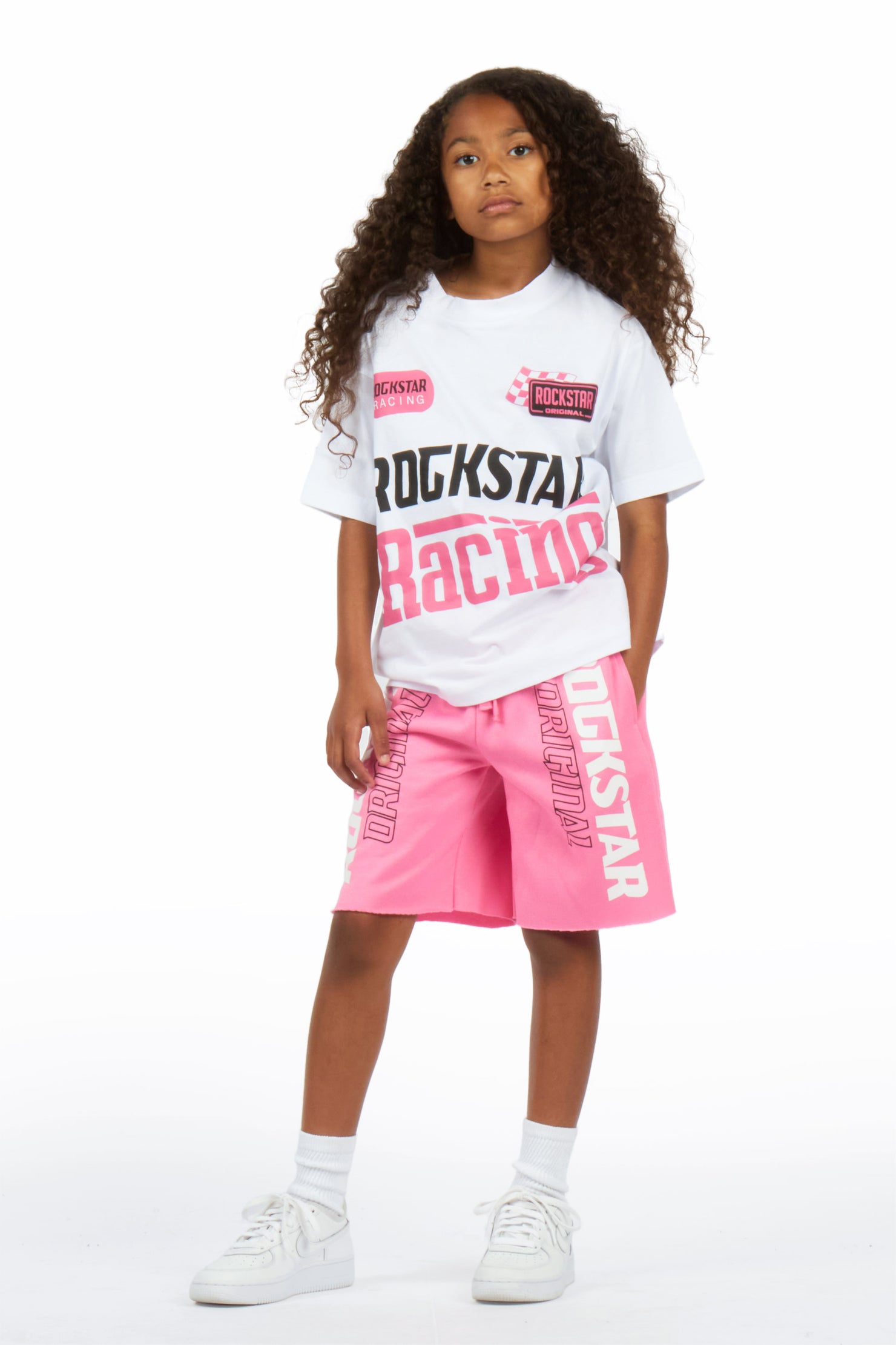 Girls Tarie White/Pink Oversized T-Shirt Short Set
