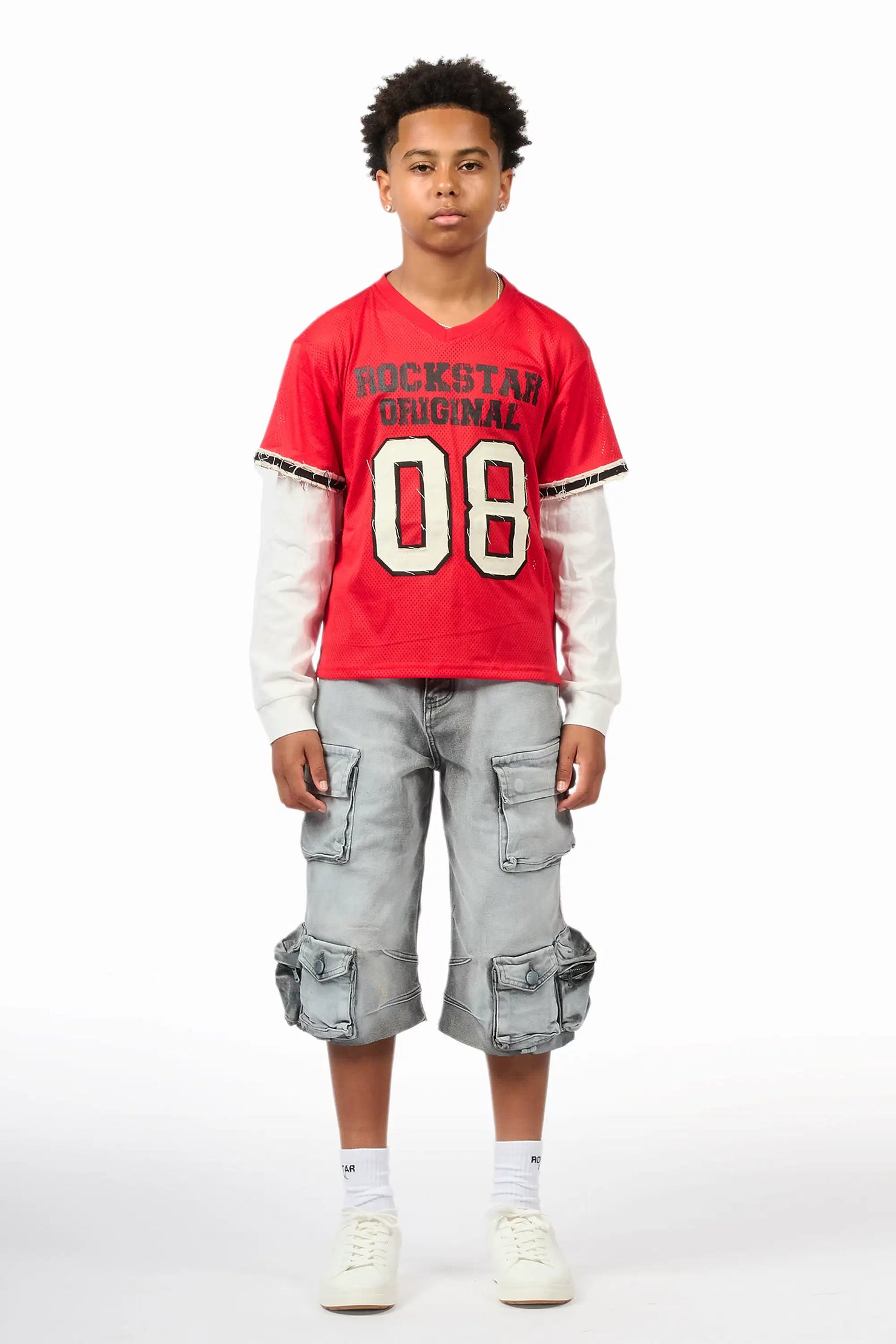 Boys Deston Red/Grey Double Layer T-Shirt/Denim Jort Set