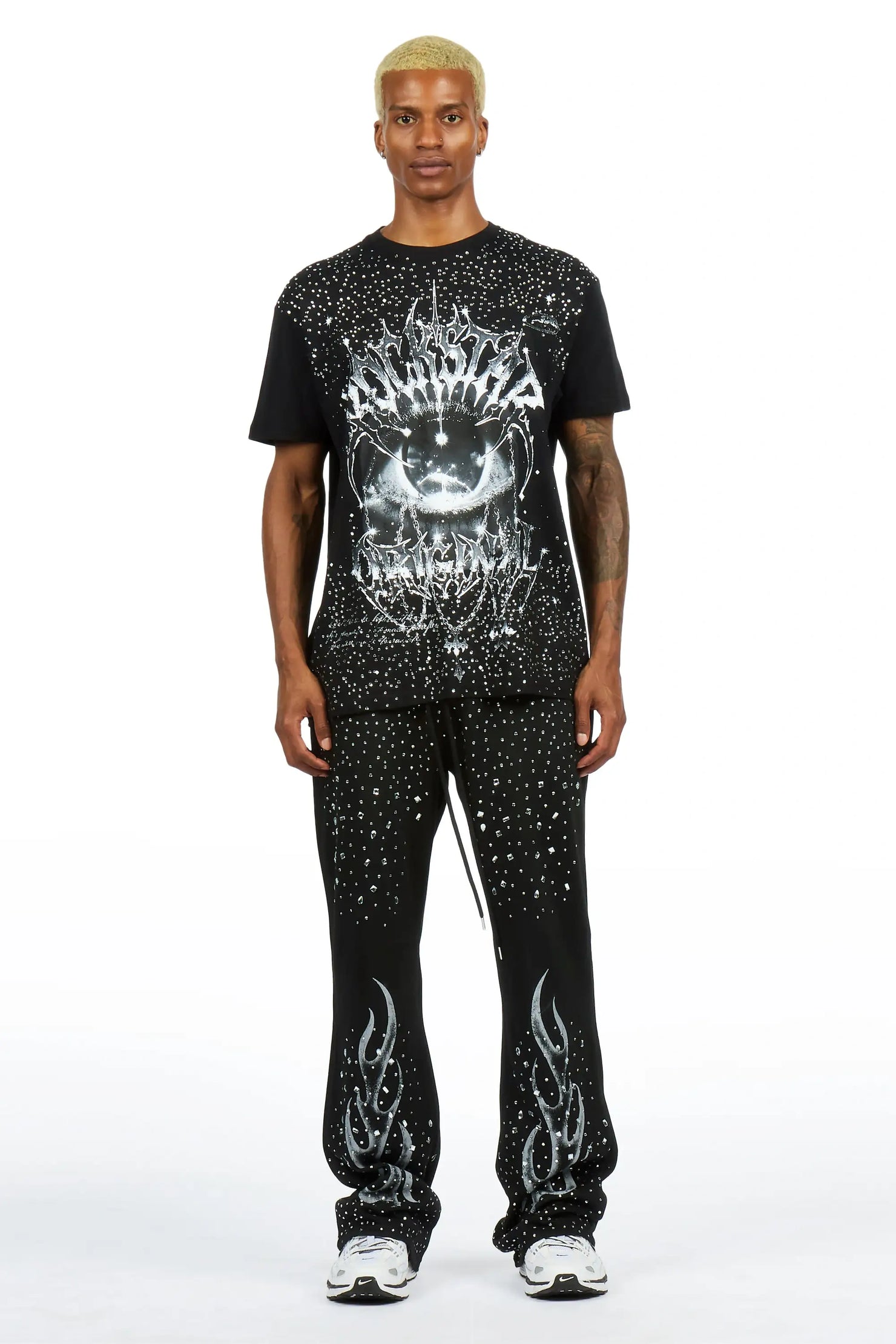 Malykz Black/Black Rhinestone T-shirt/Stacked Flare Track Pant Set