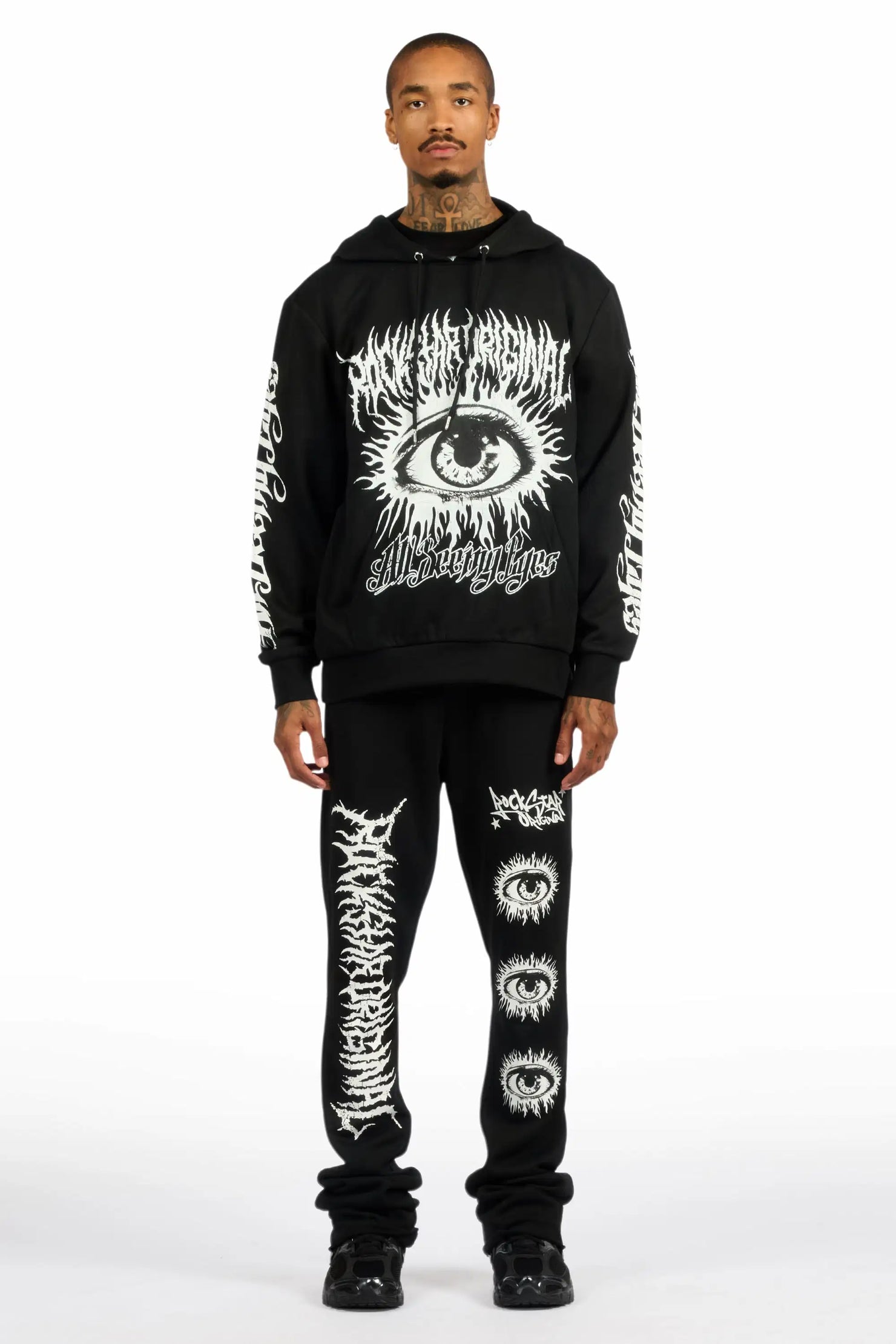 All Seeing Eyes Black Stacked Flare Track Pant Set