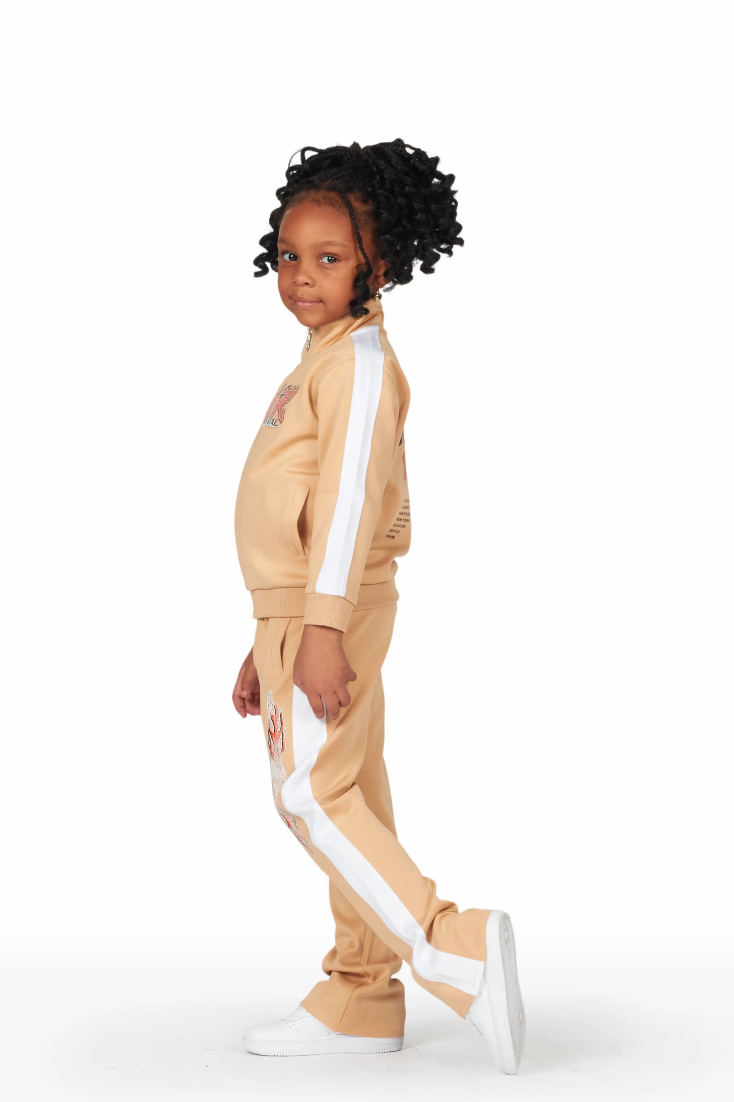 Girls Yashy Beige Tricot Stacked Flare Track Set
