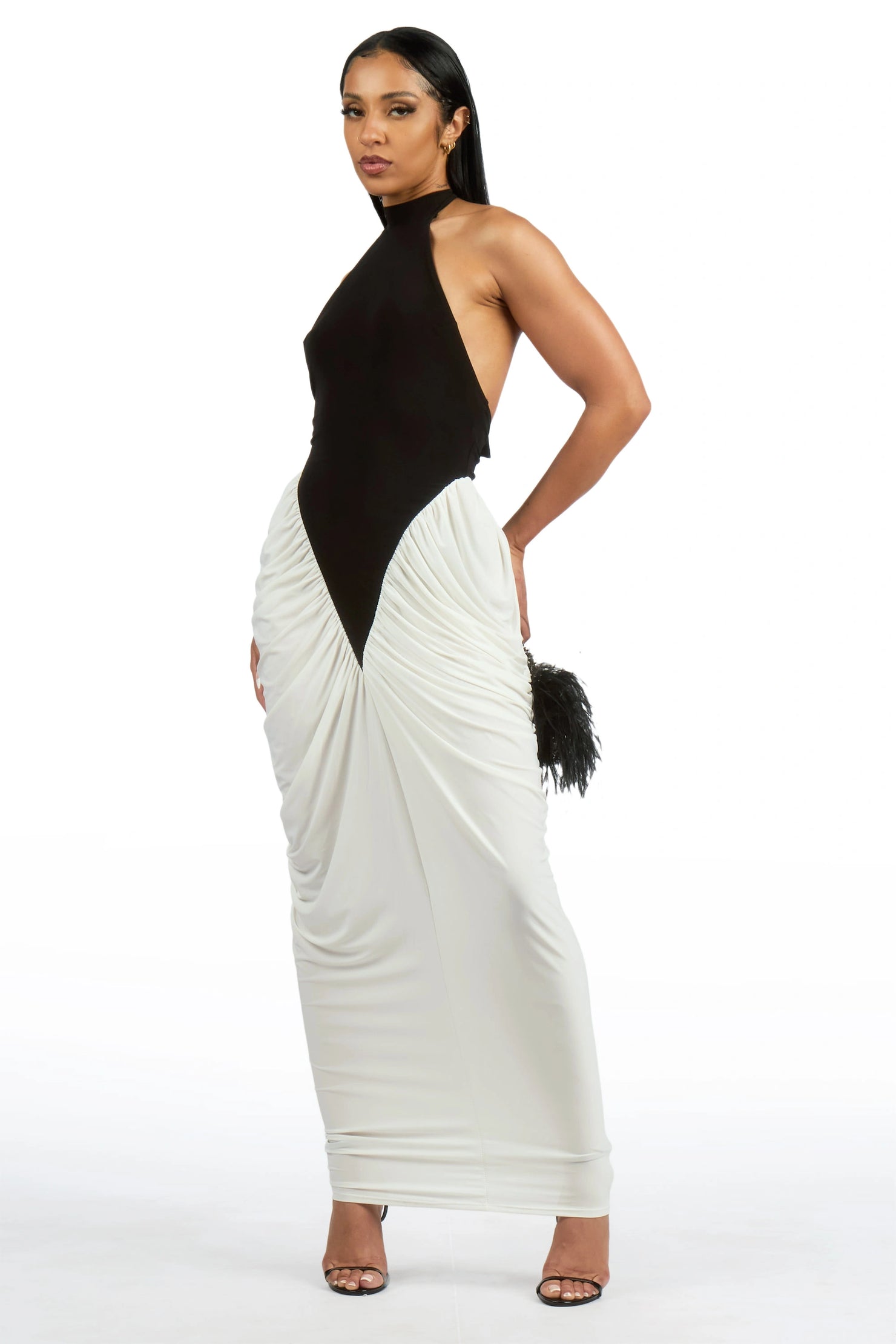 Two-Toned Black/White Rouche Midi Dress