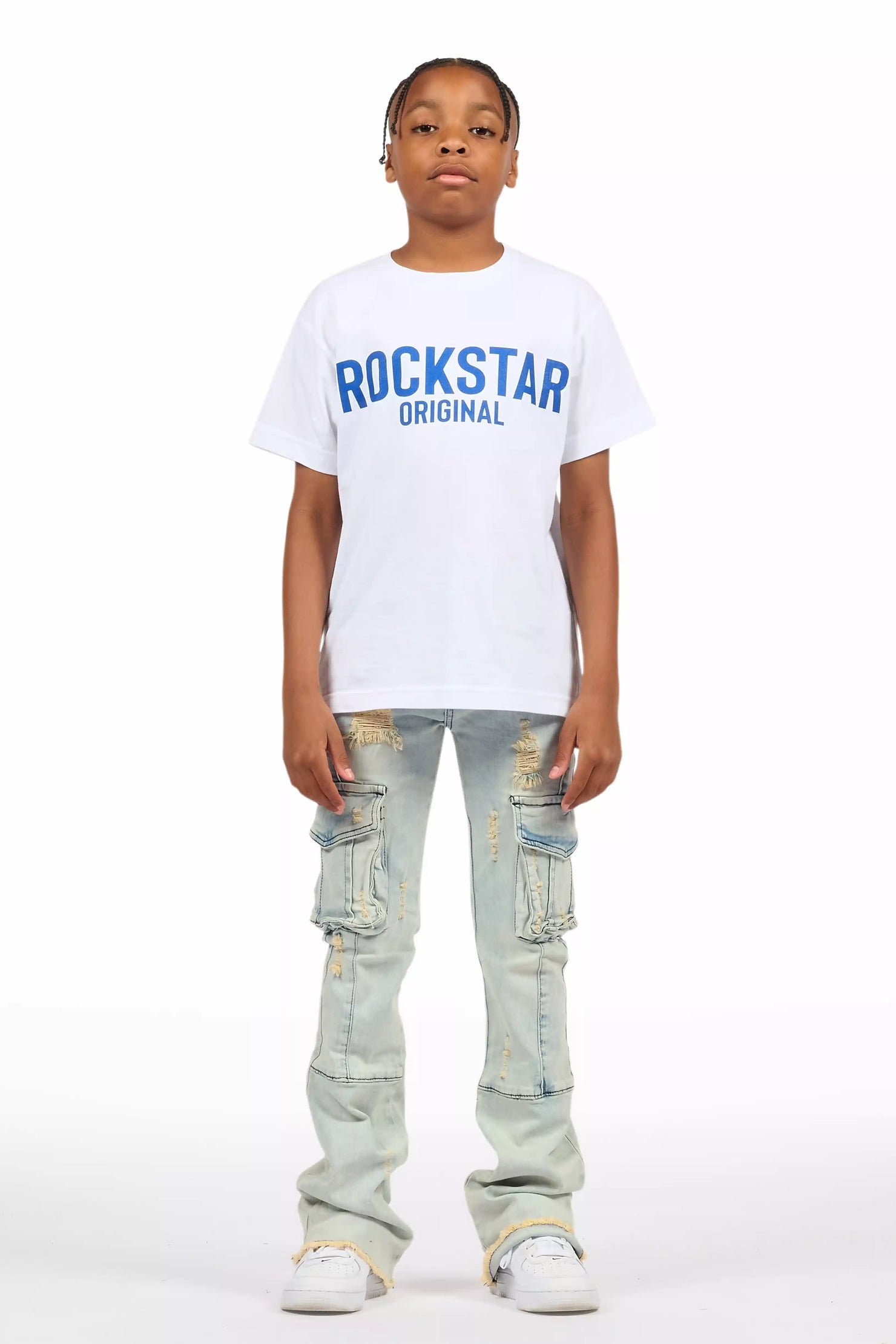 Boys Adalee Blue Slim Stacked Flare Cargo Jean