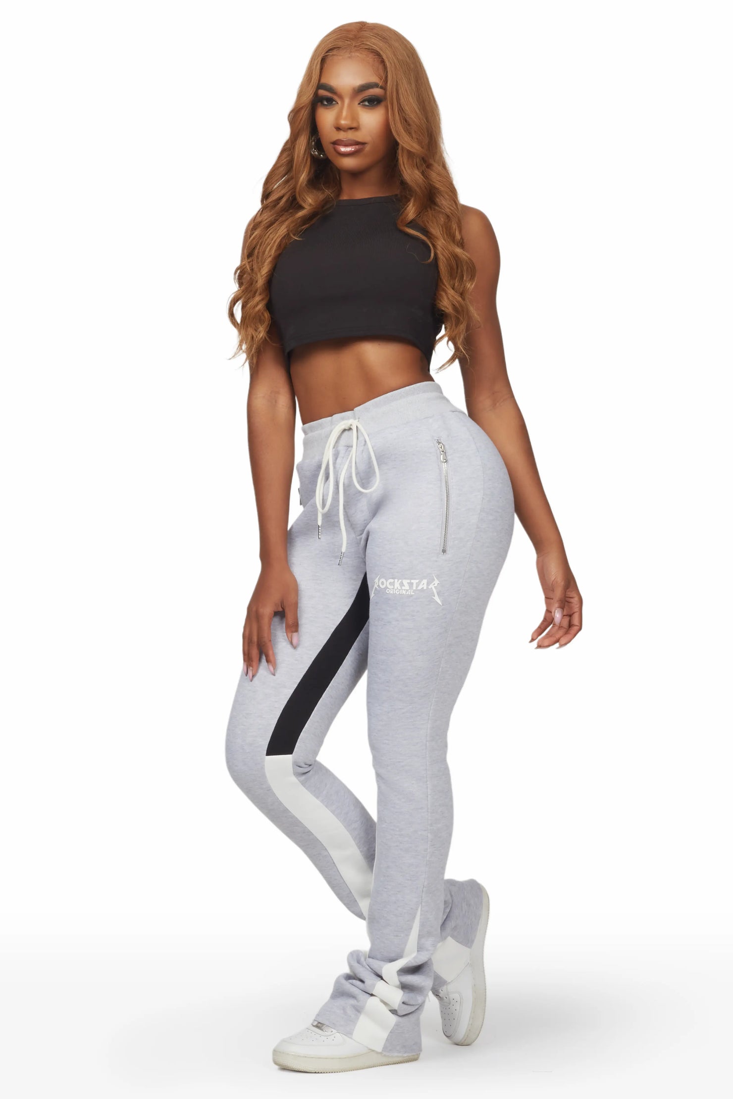 Emery Heather Grey Stacked Flare Track Pant