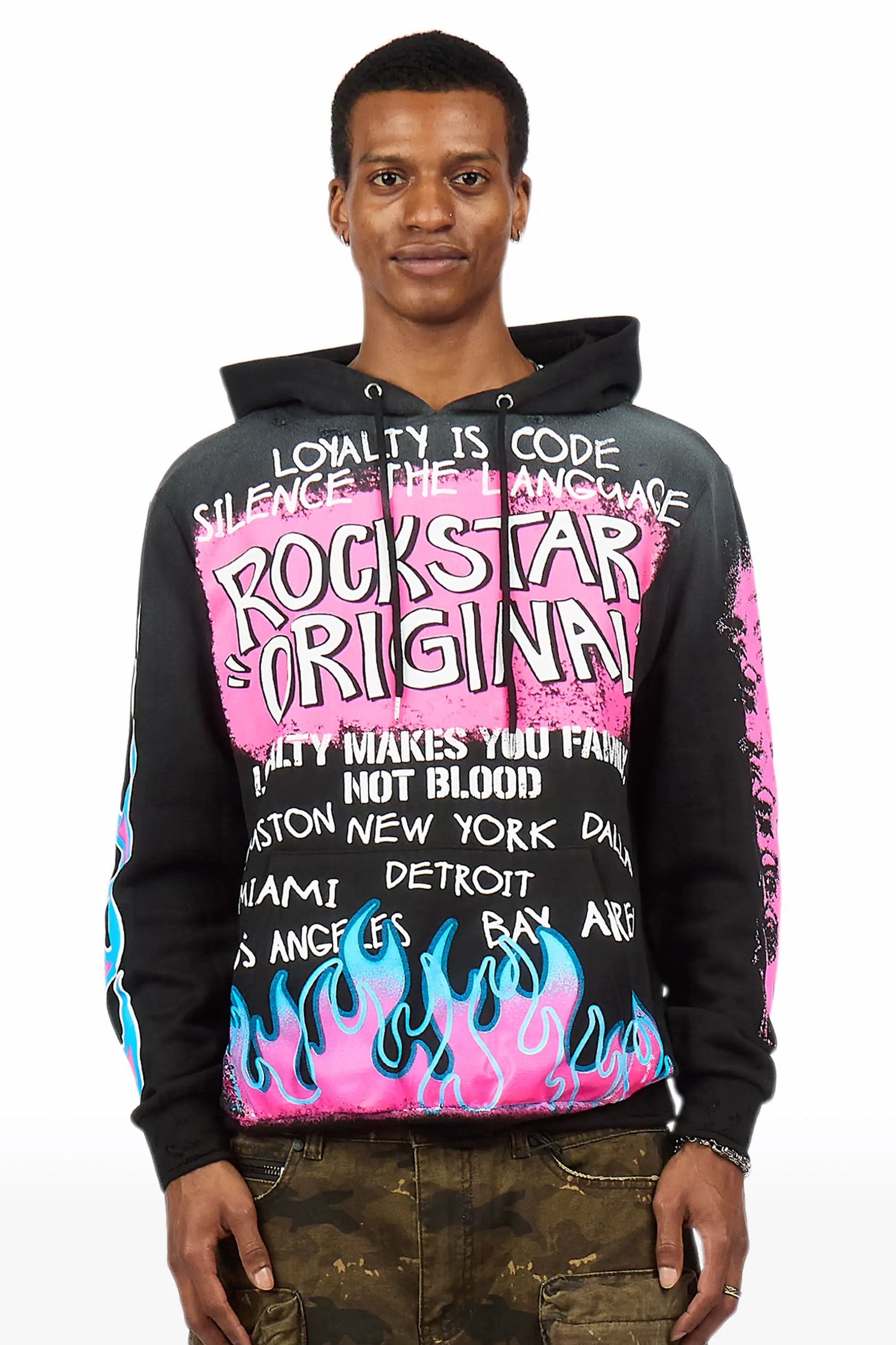 Beno Black/Pink Distressed Graphic Hoodie