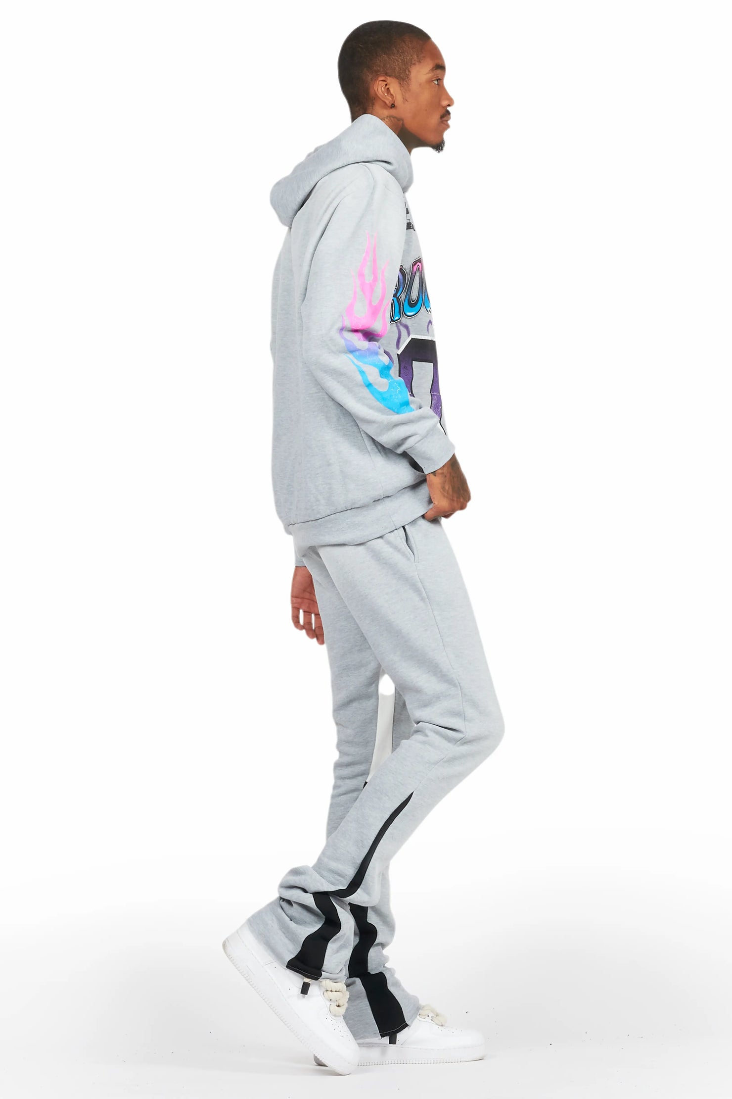 Quito Heather Grey Stacked Flare Hoodie Track Set