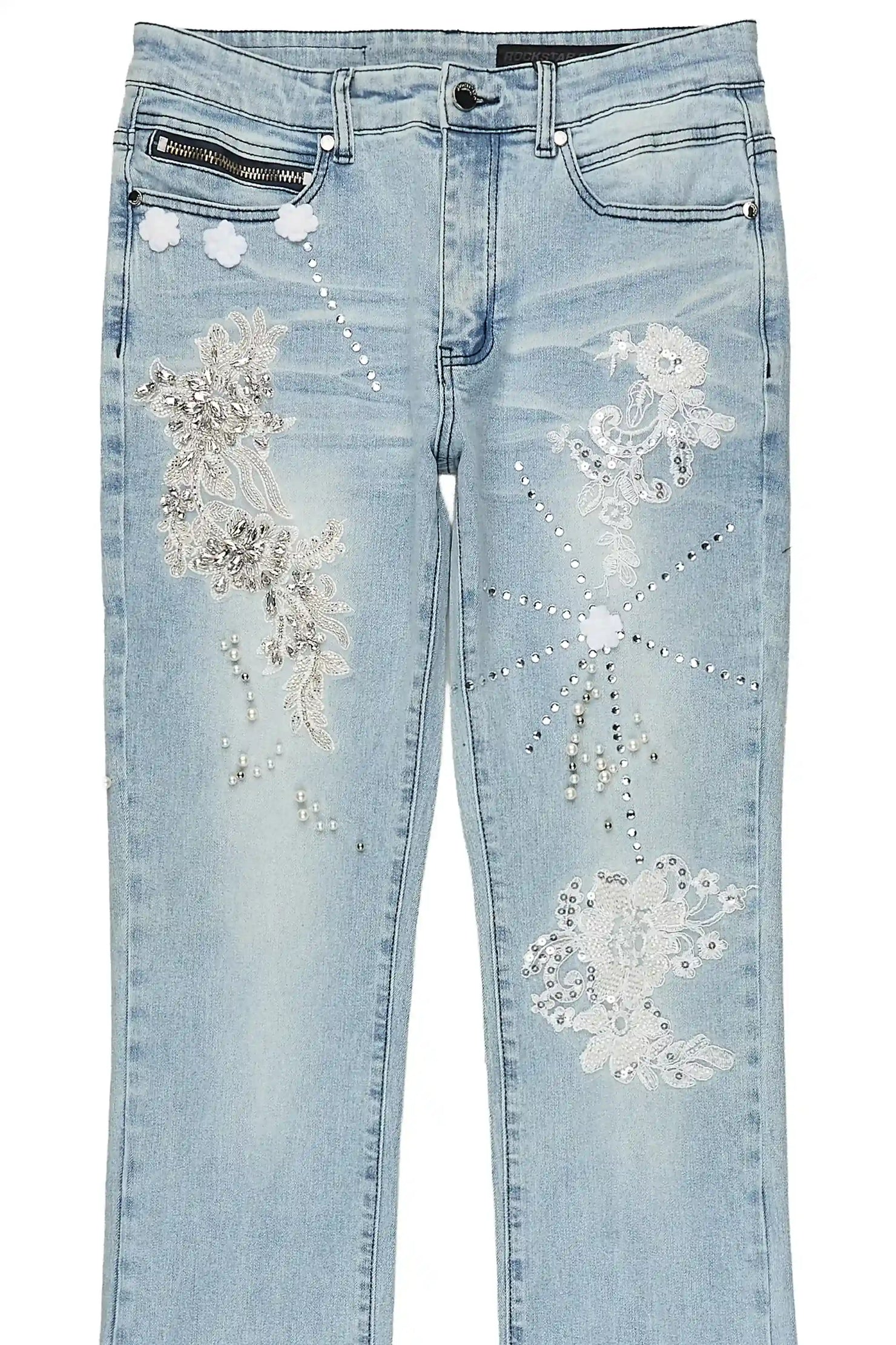 Yezen Light Blue Rhinestone Stacked Fit Jean