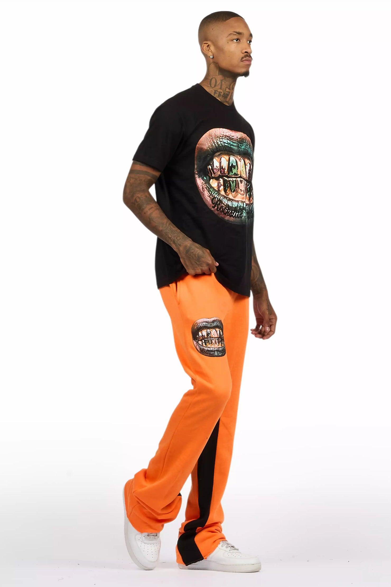 Darce Black/Orange T-Shirt/Stacked Baggy Track Pant Set