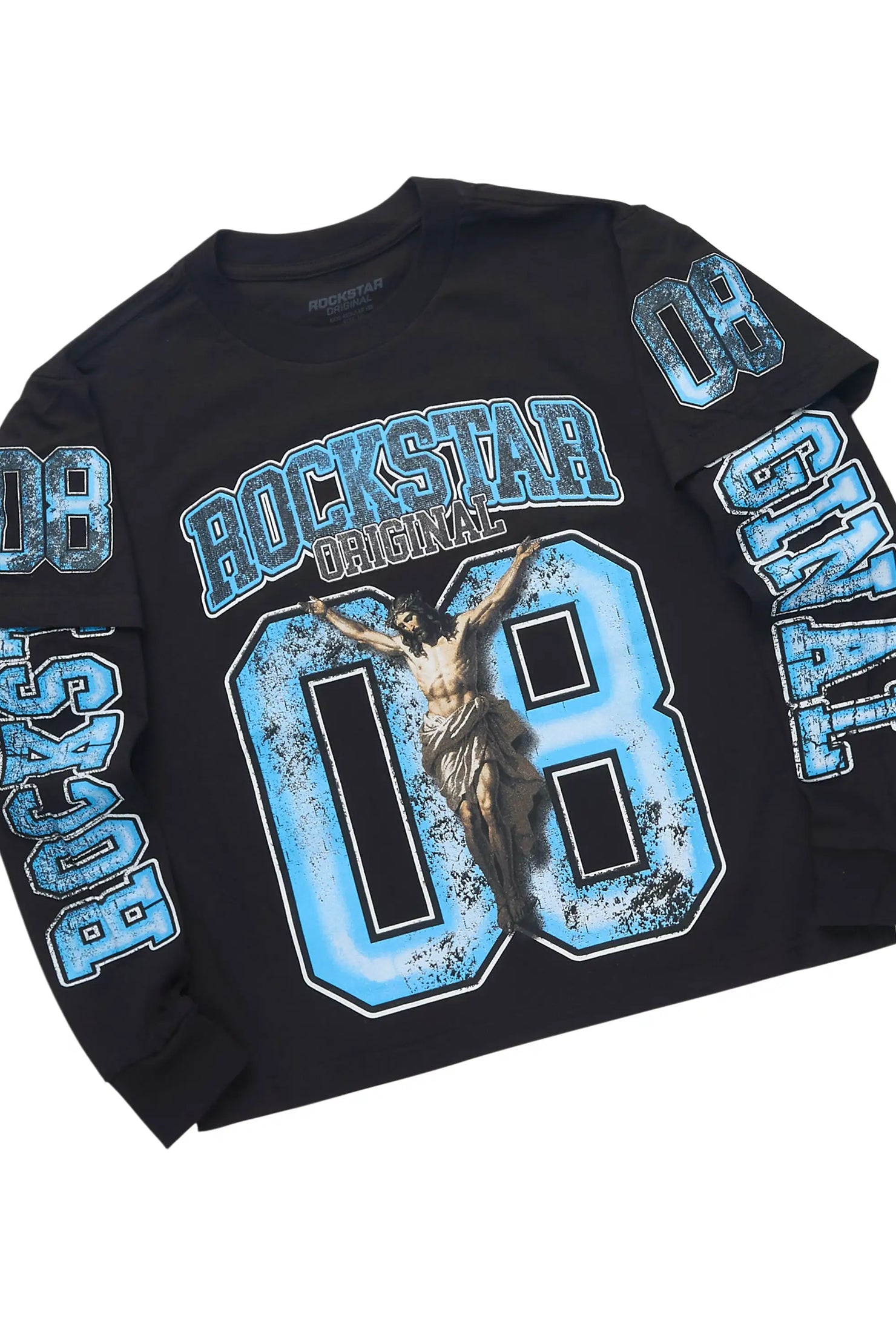 Boys Fields Black Double Layer Long Sleeve & Laban Blue Bleach Stacked Jean Set