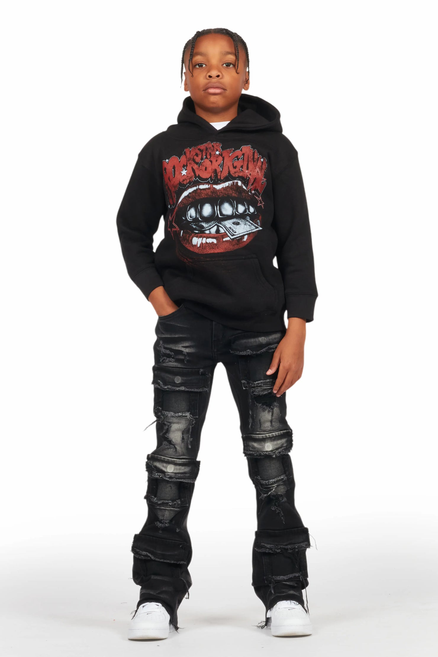 Boys Bloke Black Hoodie/Stacked Flare Jean Set