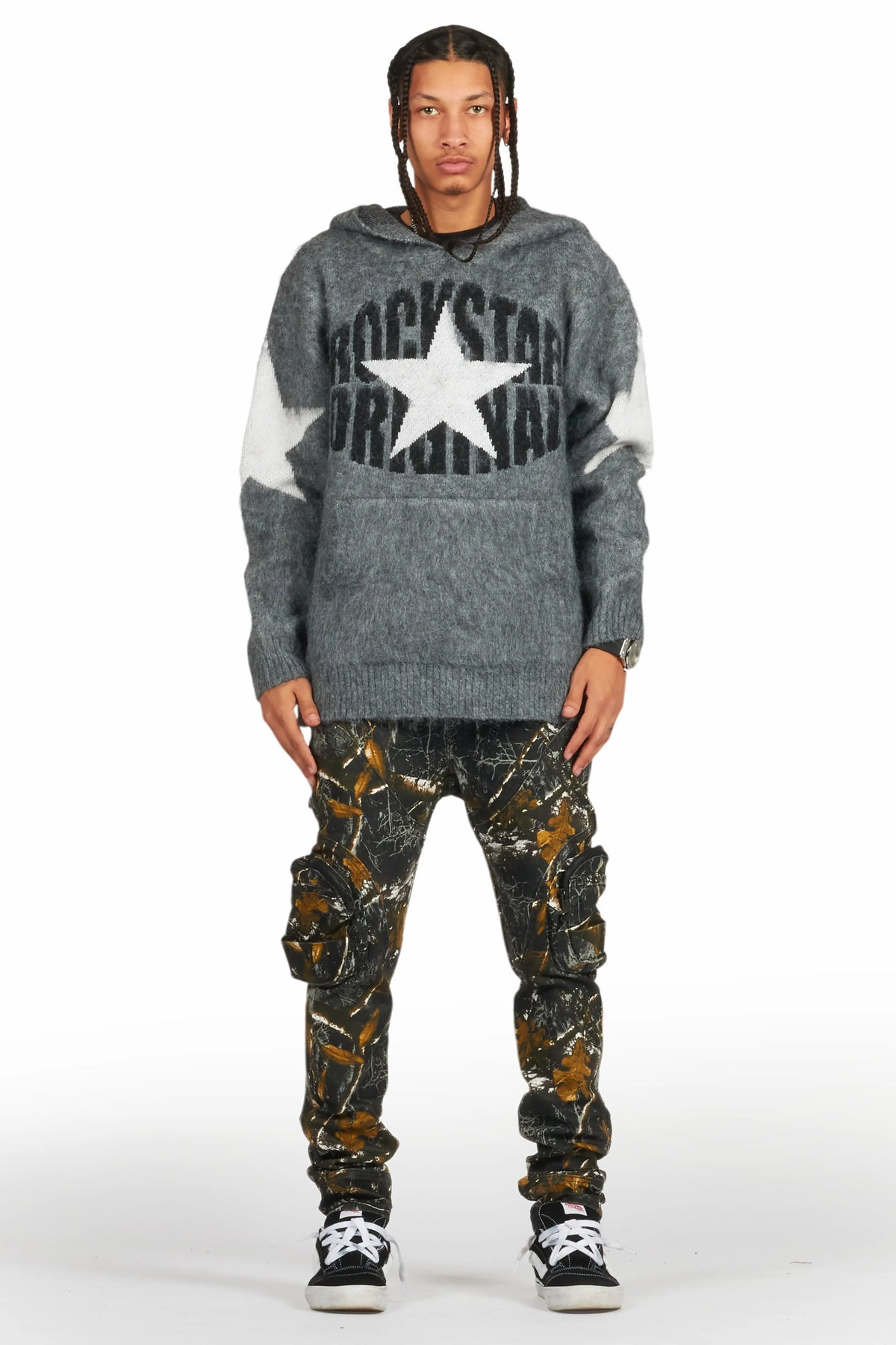States Grey Graphic Knitted Hoodie