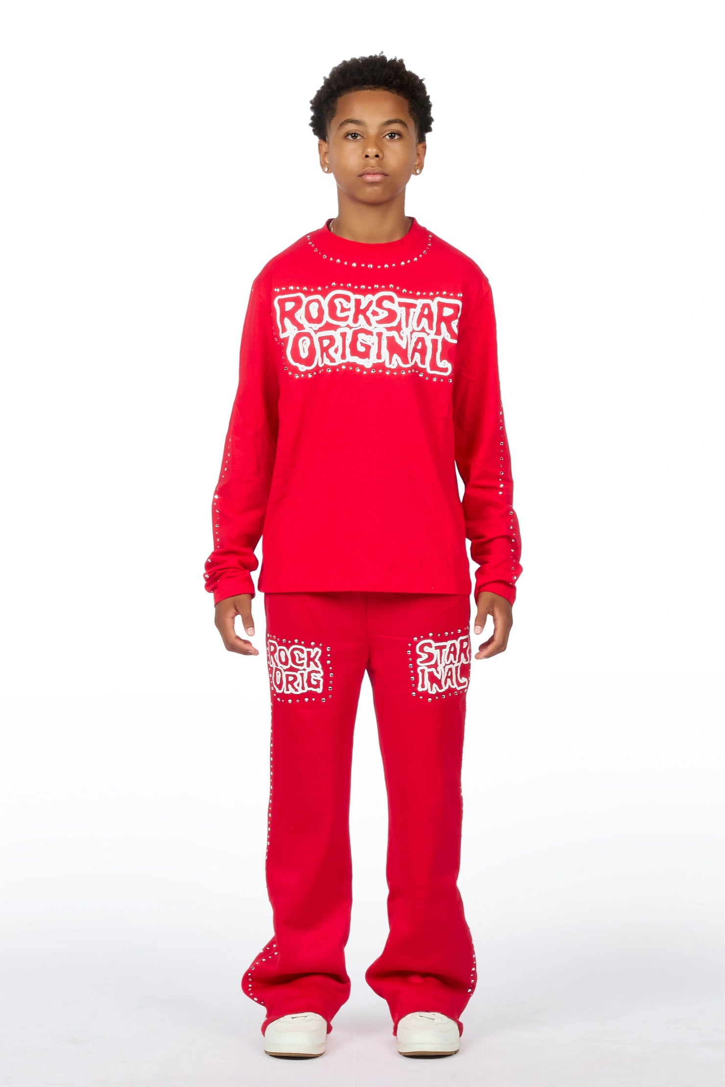 Boys Marc Red Rhinestone Long Sleeve Shirt Relaxed Track Set