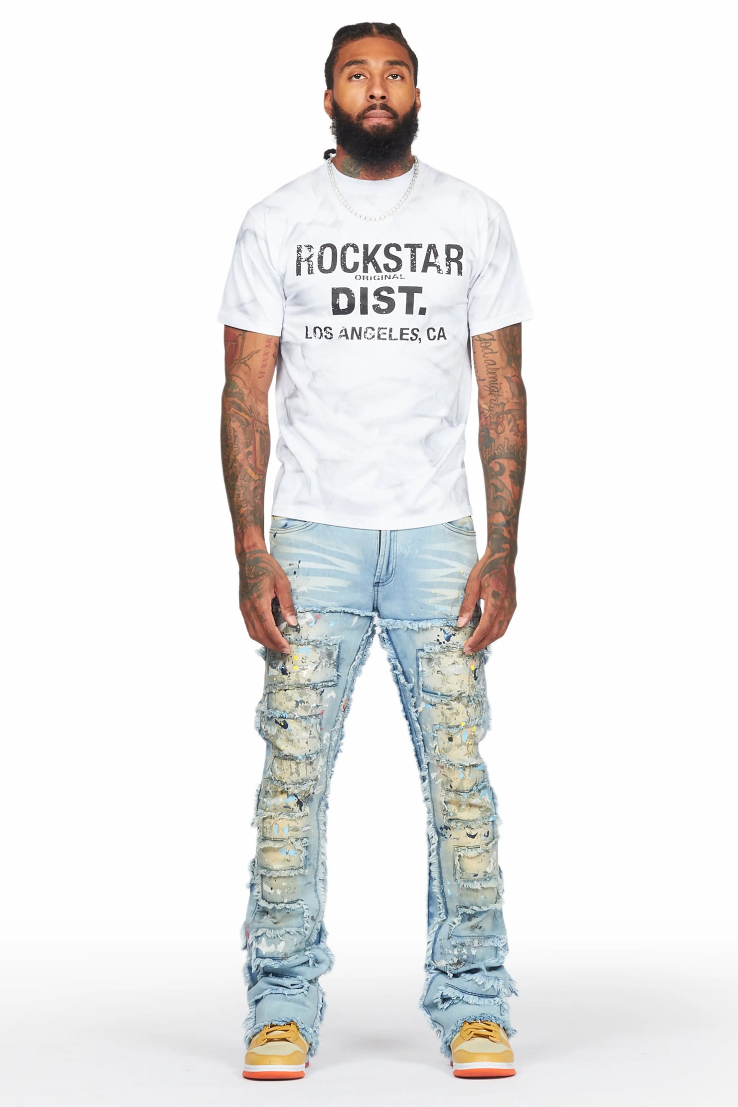 Qasim Blue Painter Stacked Flare Jean