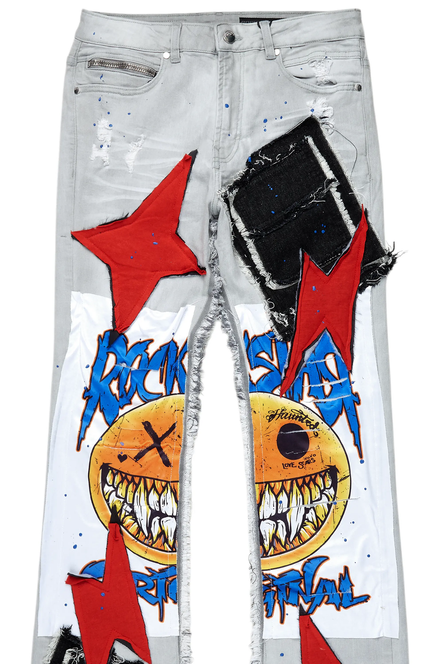 Fraust Light Grey Patchwork Stacked Flare Jean