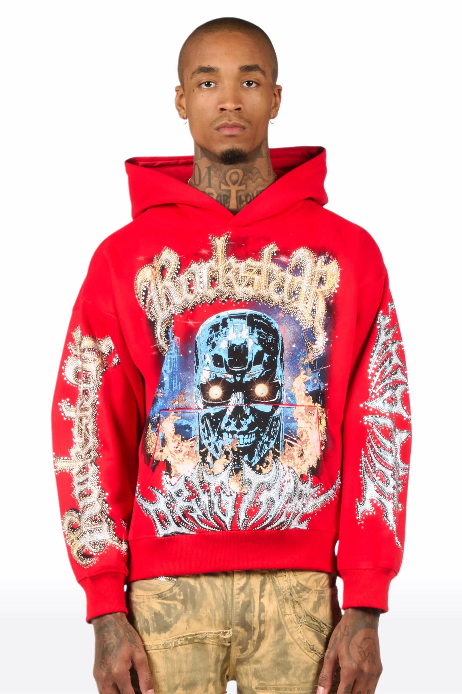 Mesin Red Rhinestone Oversized Hoodie