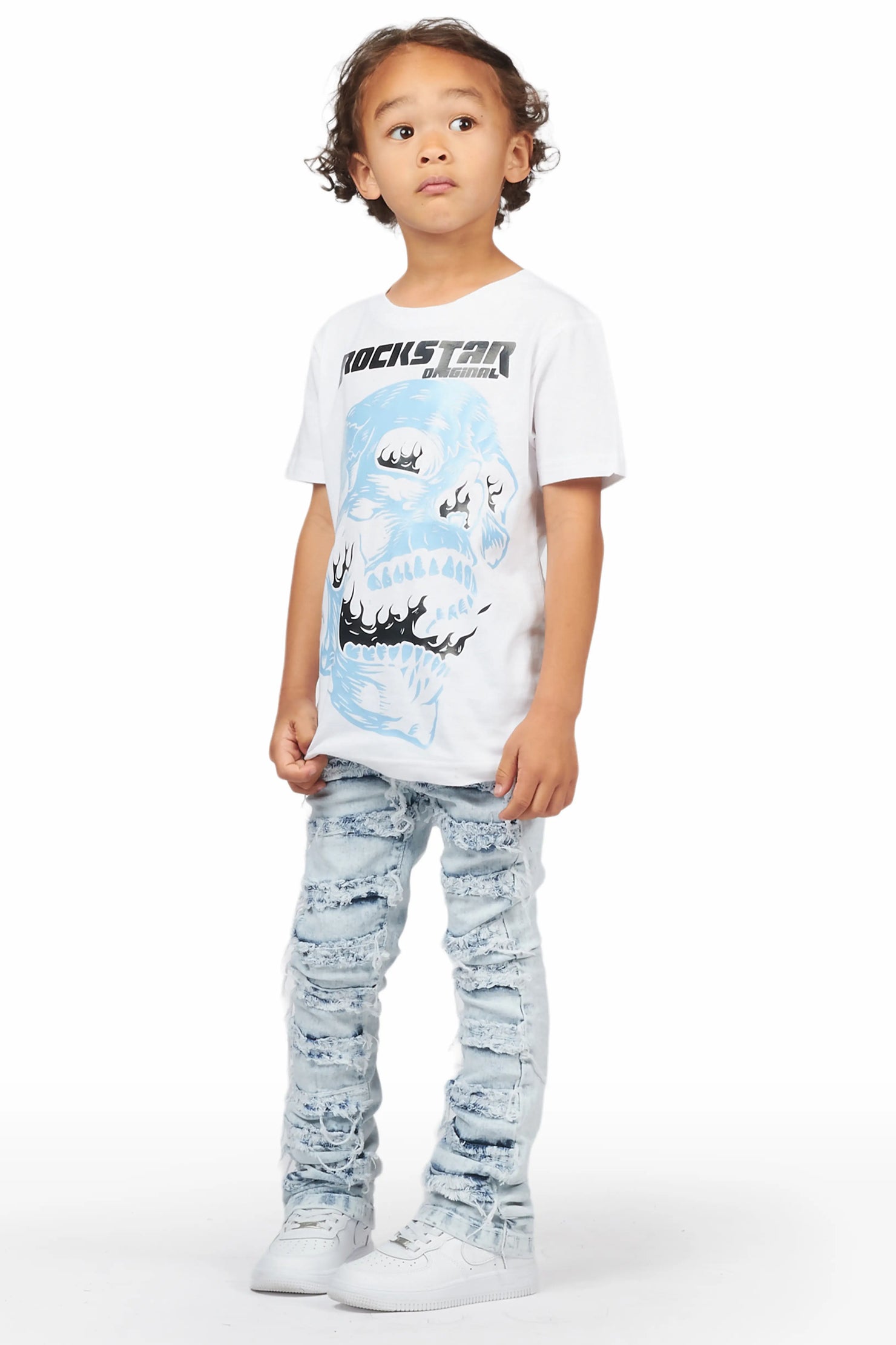 Boys Irfan White T-Shirt/Frayed Skinny Stacked Flare Jean Set