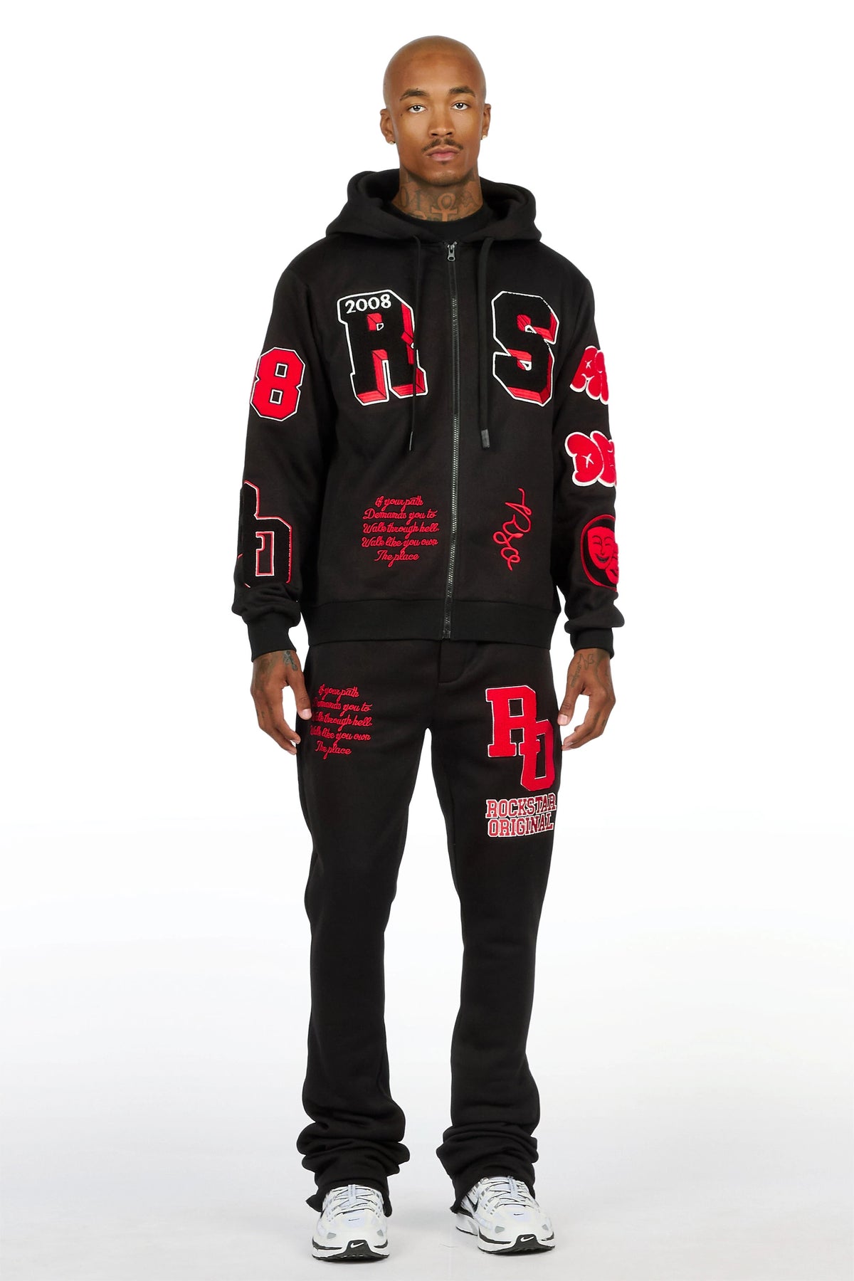 Leslaw Black/Red Zip Up Hoodie Stacked Track Set