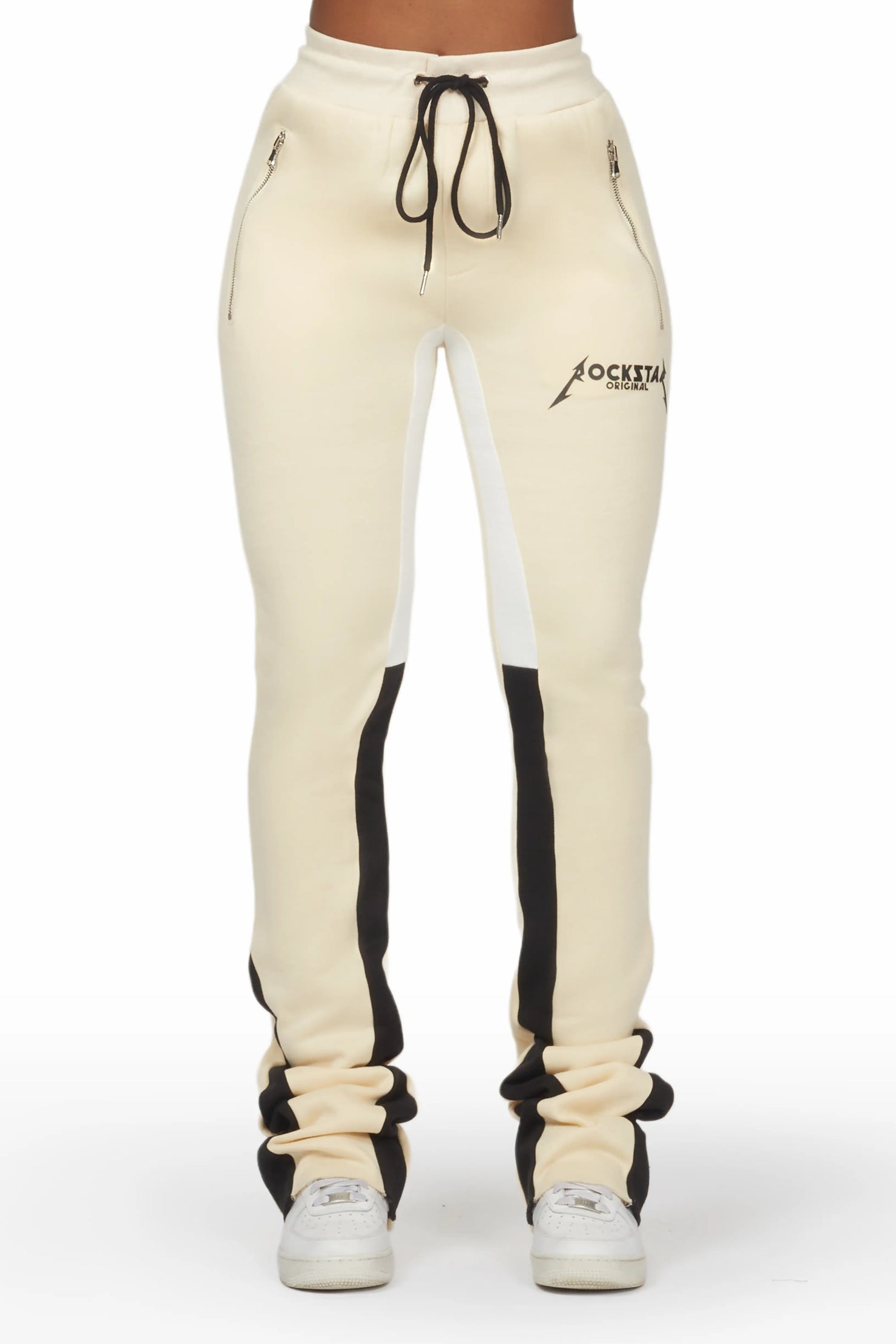 Emery Beige Stacked Flare Track Pant