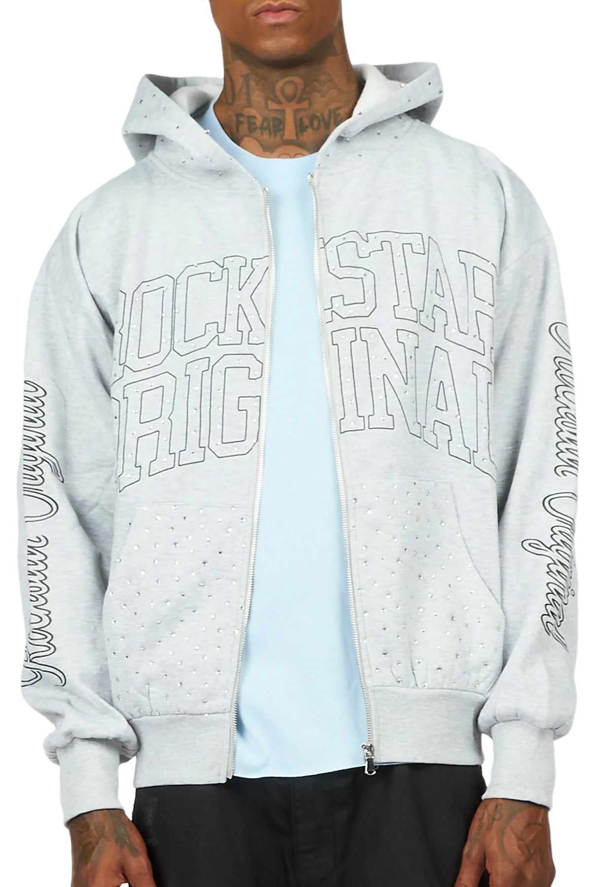 Dripped Heather Grey Rhinestone Hoodie