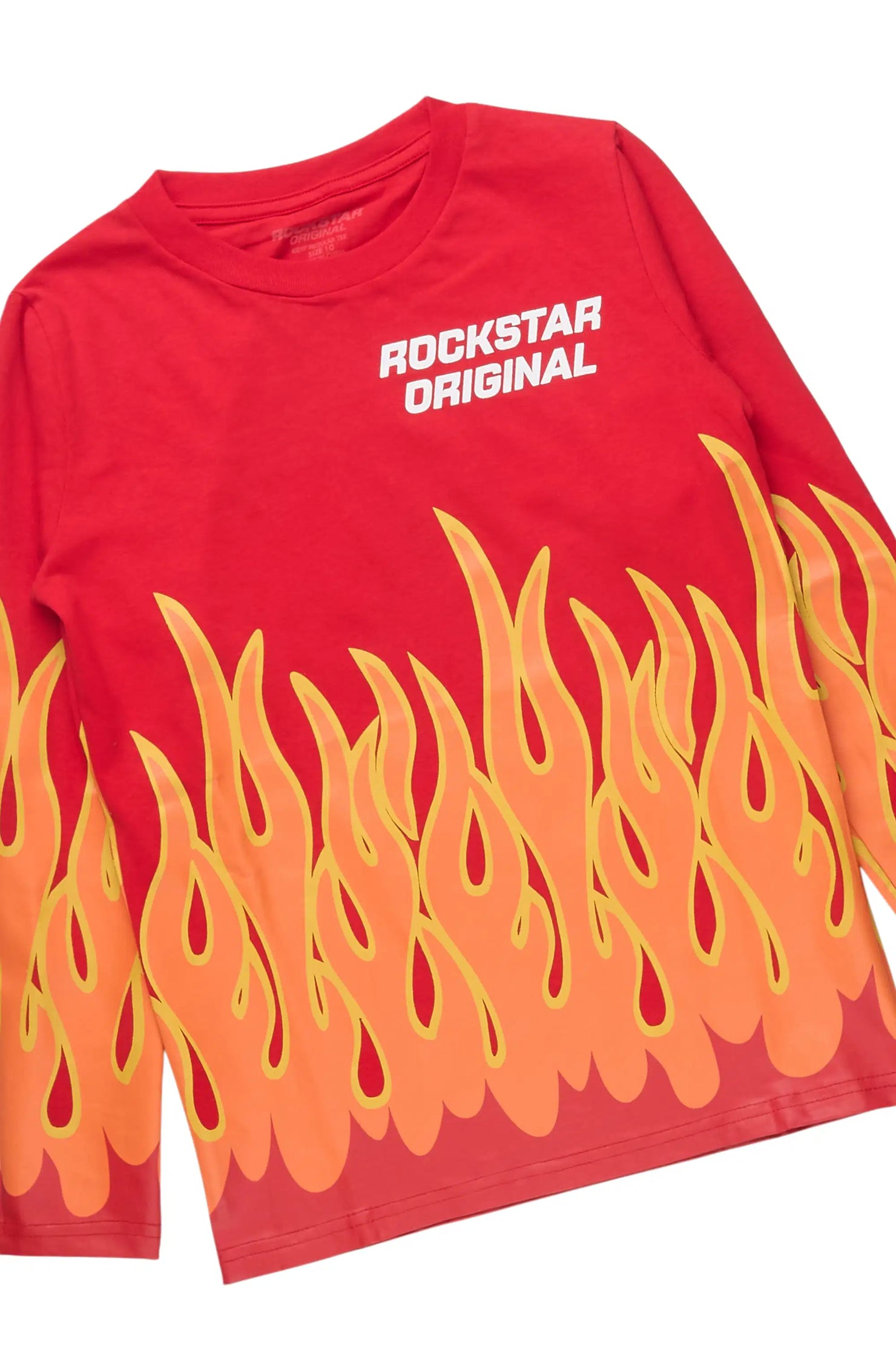 Boys Roeland Red Long Sleeve T-Shirt & Laban Tint Bleach Stacked Flare Jean Set
