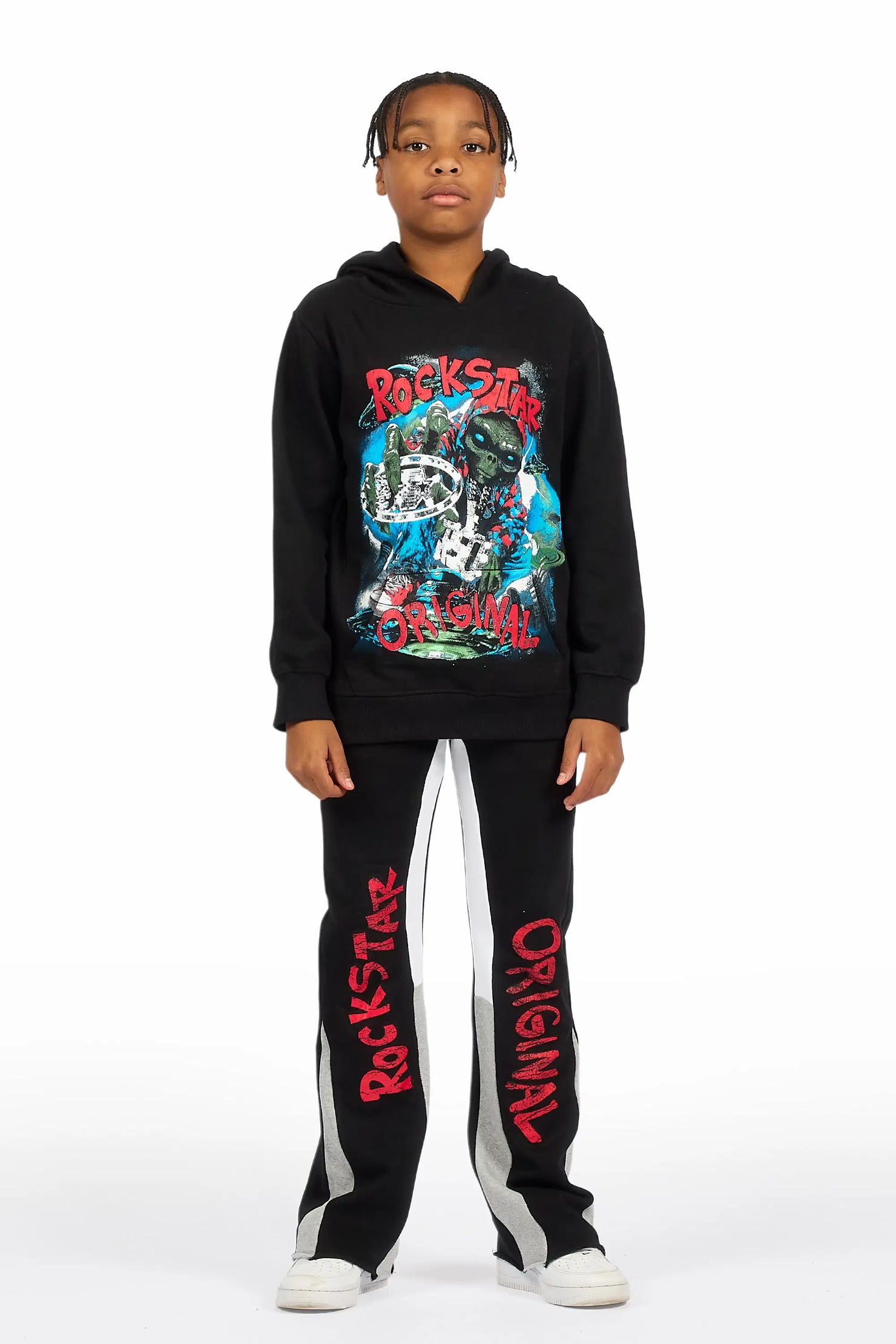 Boys Caevon Black/Multi Hoodie/Stacked Flare Track Set