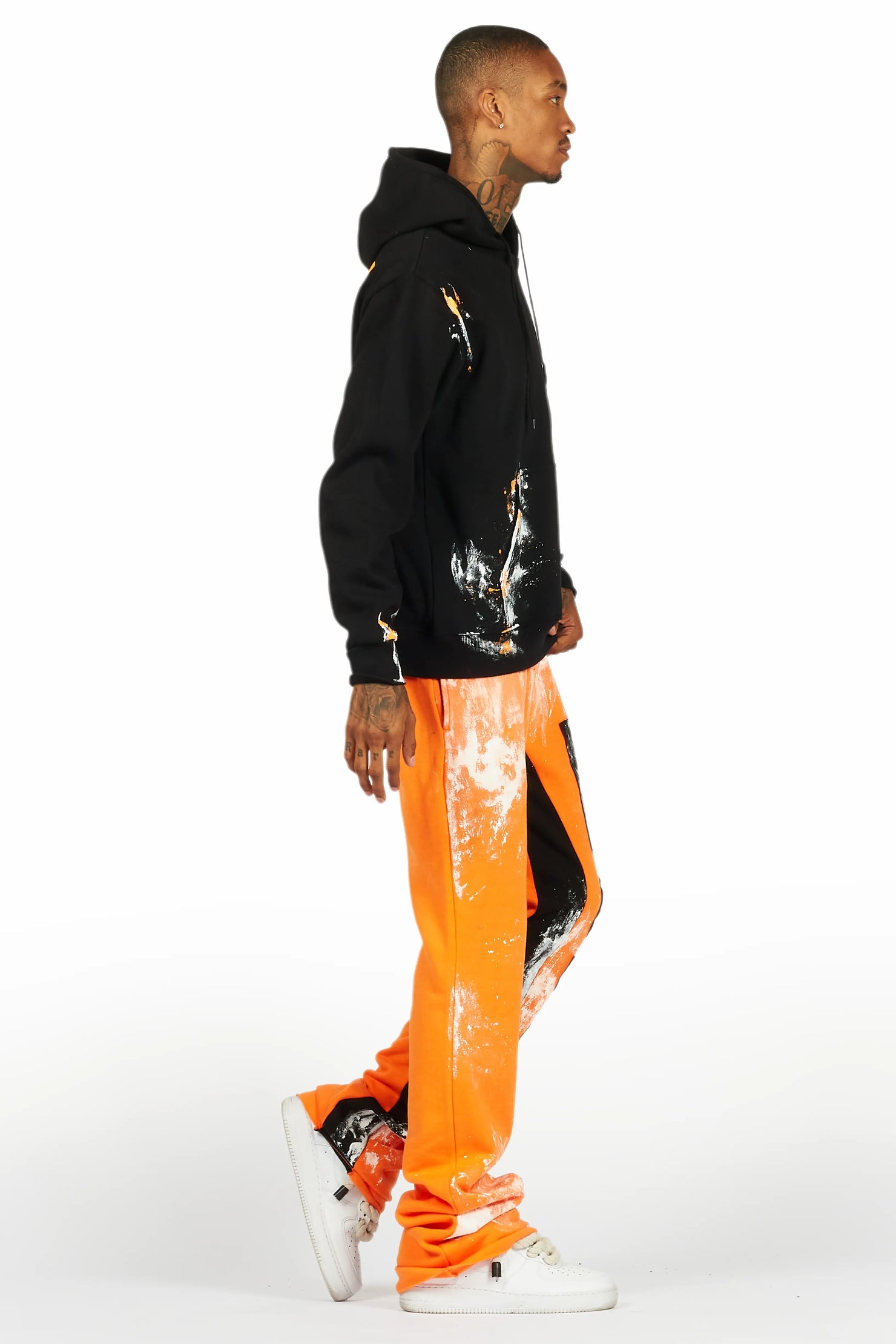 Folly Black/Orange Hoodie/Baggy Stacked Flare Pant Set