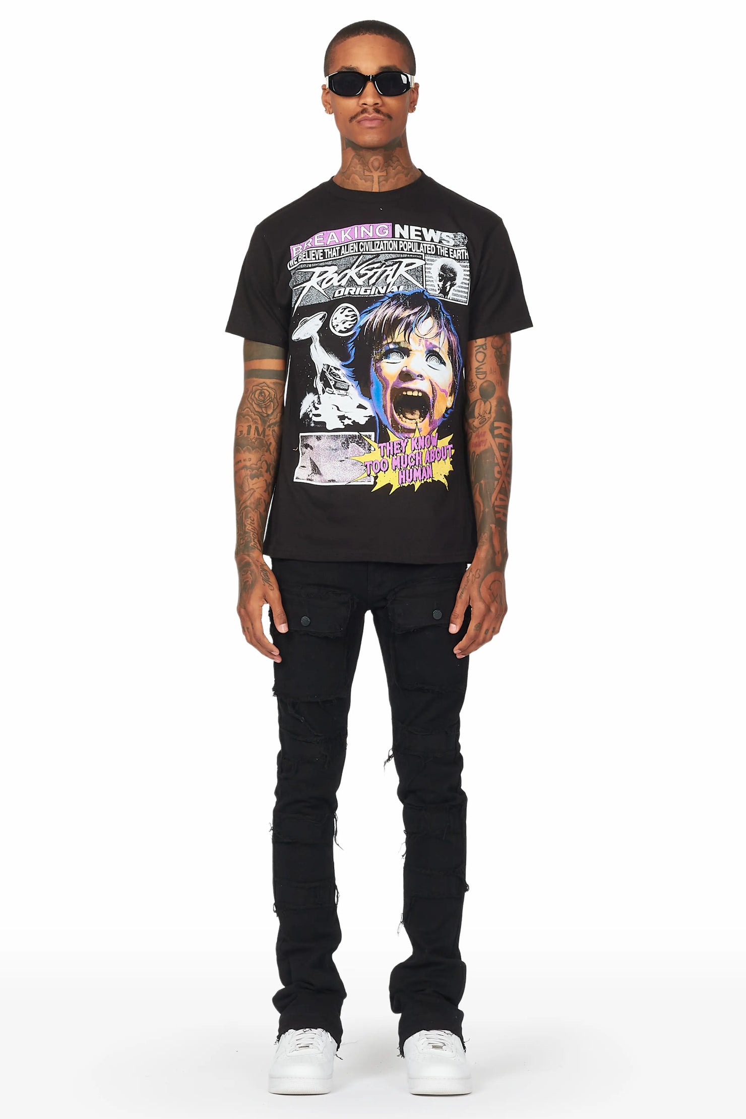 Yadid Black Stacked Flare Jean